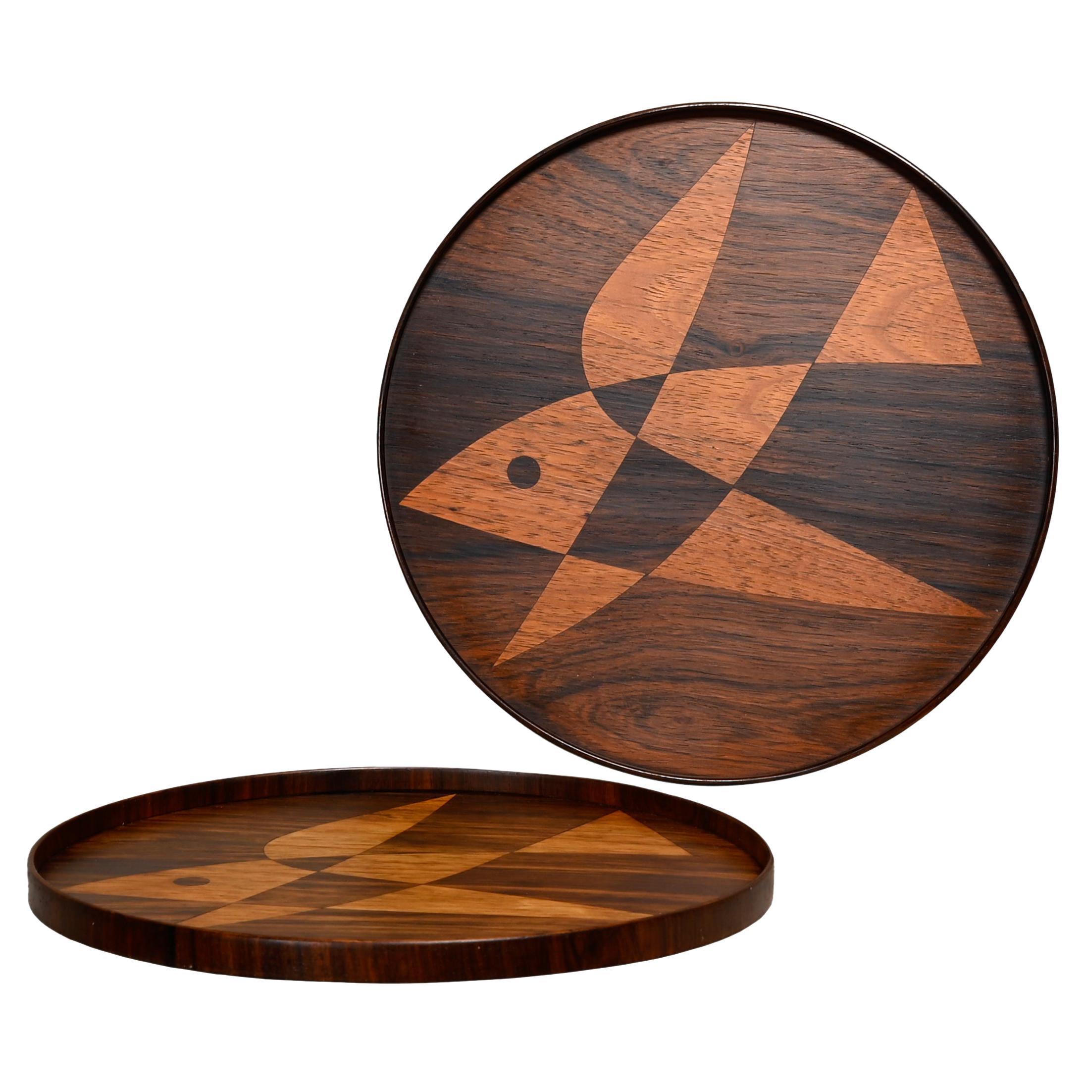 The Modern Scandinavian rosewood tray with fish motif for Intarsia, Denmark 1960s en vente