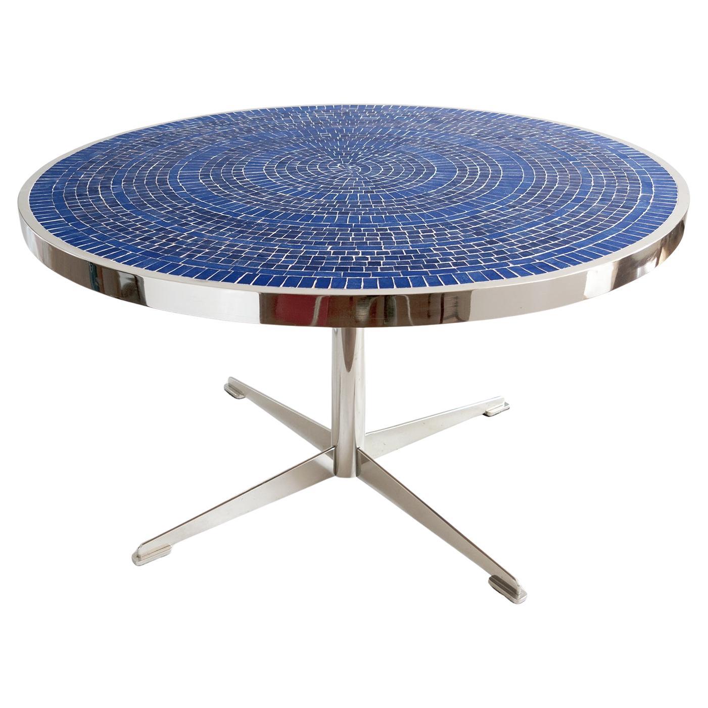 Scandinavian Modern round dining table blue glass mosaic, polished steel frame