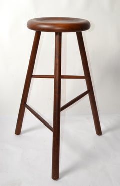 Scandinavian Modern Round Teak High Stool 3 Turned Sculptural Legs Dovetail Art