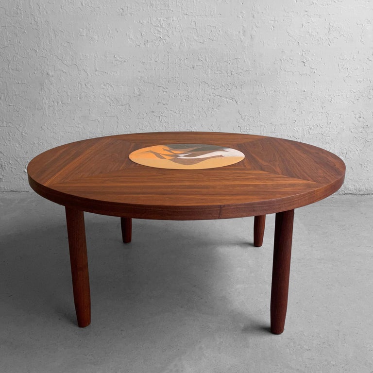 Scandinavian Modern Round Walnut Bird Inlay Coffee Table For Sale at