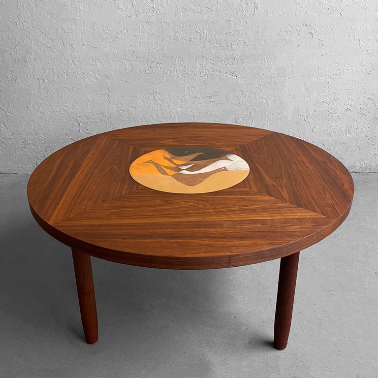 Scandinavian Modern Round Walnut Bird Inlay Coffee Table For Sale at
