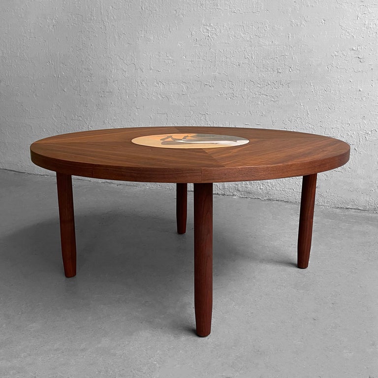 Curated visual reference: Fresh Look at Scandinavian Modern Round Walnut Bird Inlay Coffee Table For Sale