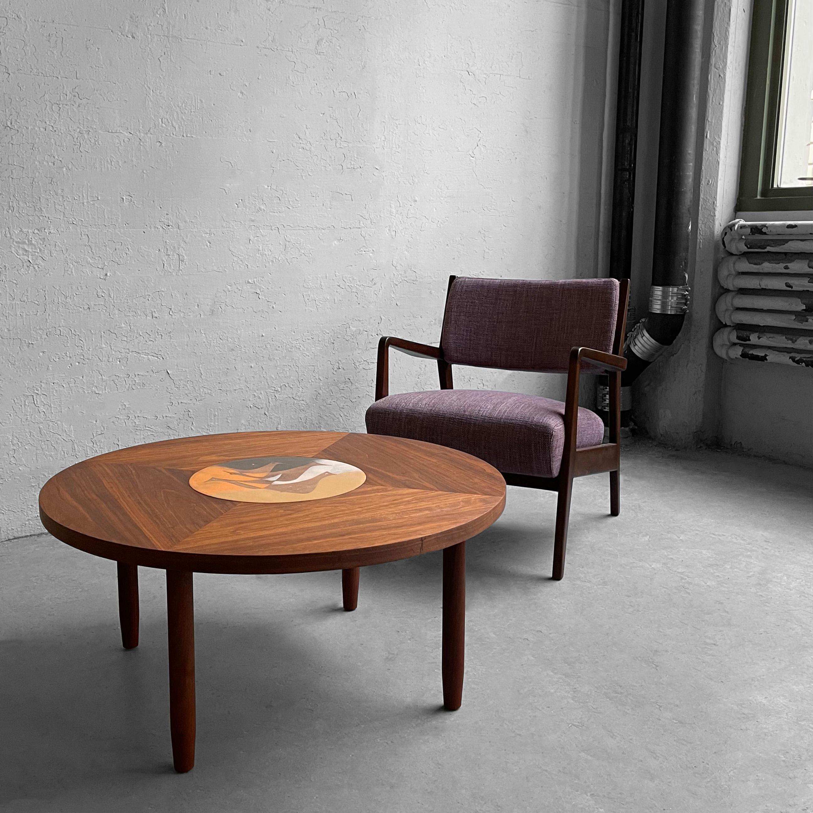 Enamel Scandinavian Modern Round Walnut Bird Inlay Coffee Table For Sale