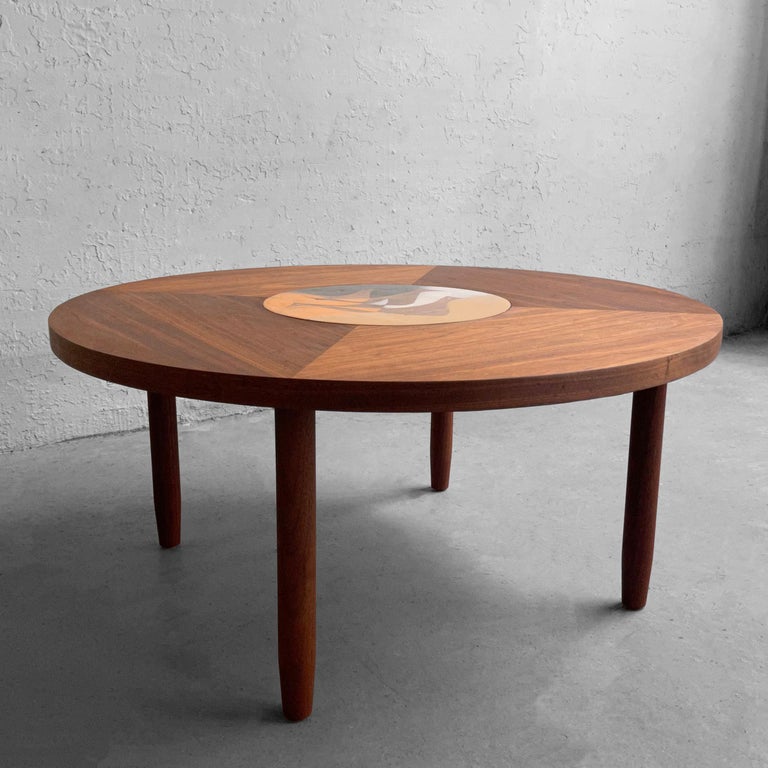 Scandinavian Modern Round Walnut Bird Inlay Coffee Table For Sale at