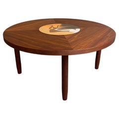 Vintage Scandinavian Modern Round Walnut Bird Inlay Coffee Table