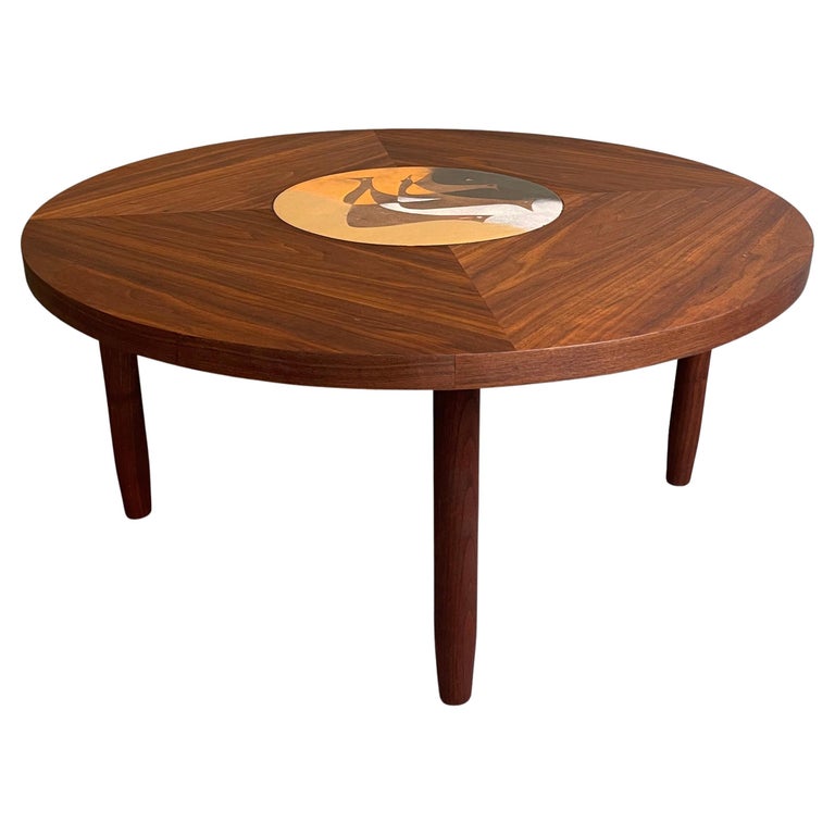 Scandinavian Modern Round Walnut Bird Inlay Coffee Table For Sale at