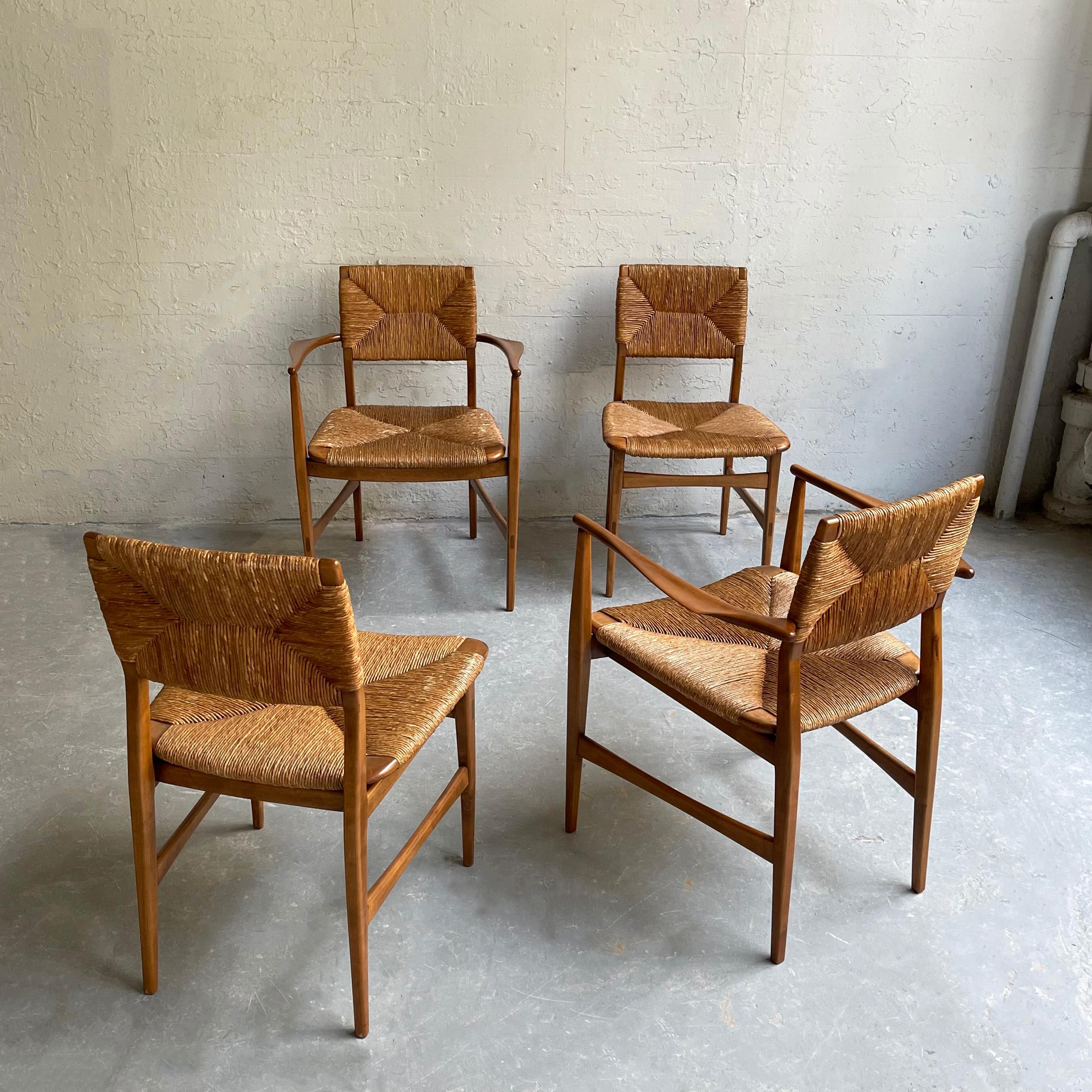 Scandinavian Modern Rush and Beech Dining Chairs 1