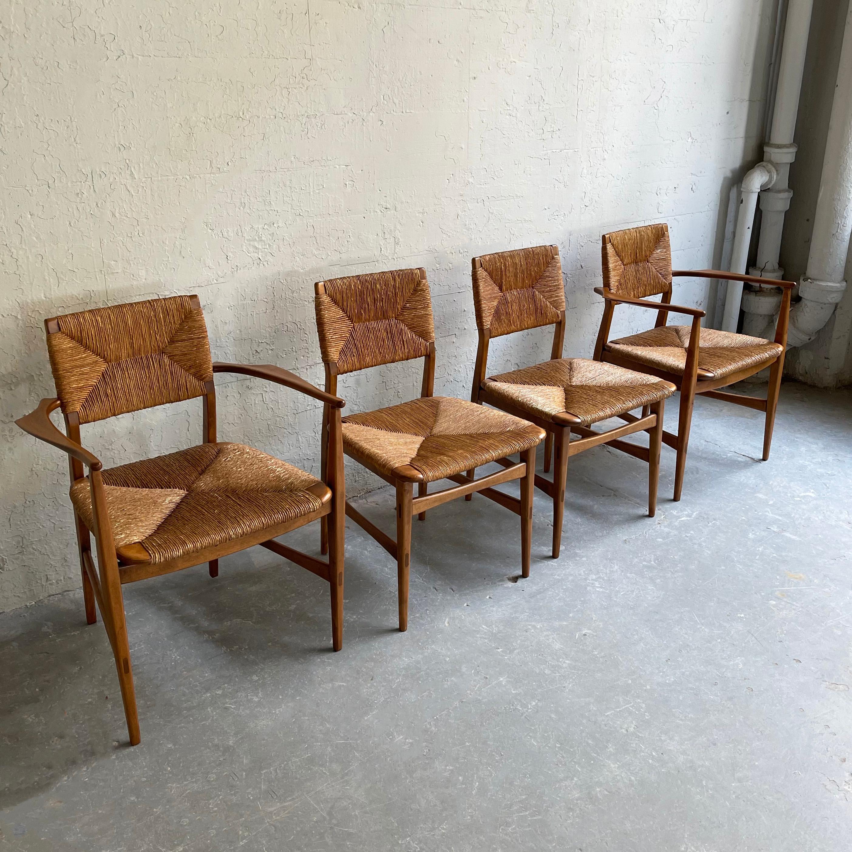Scandinavian Modern Rush and Beech Dining Chairs 4