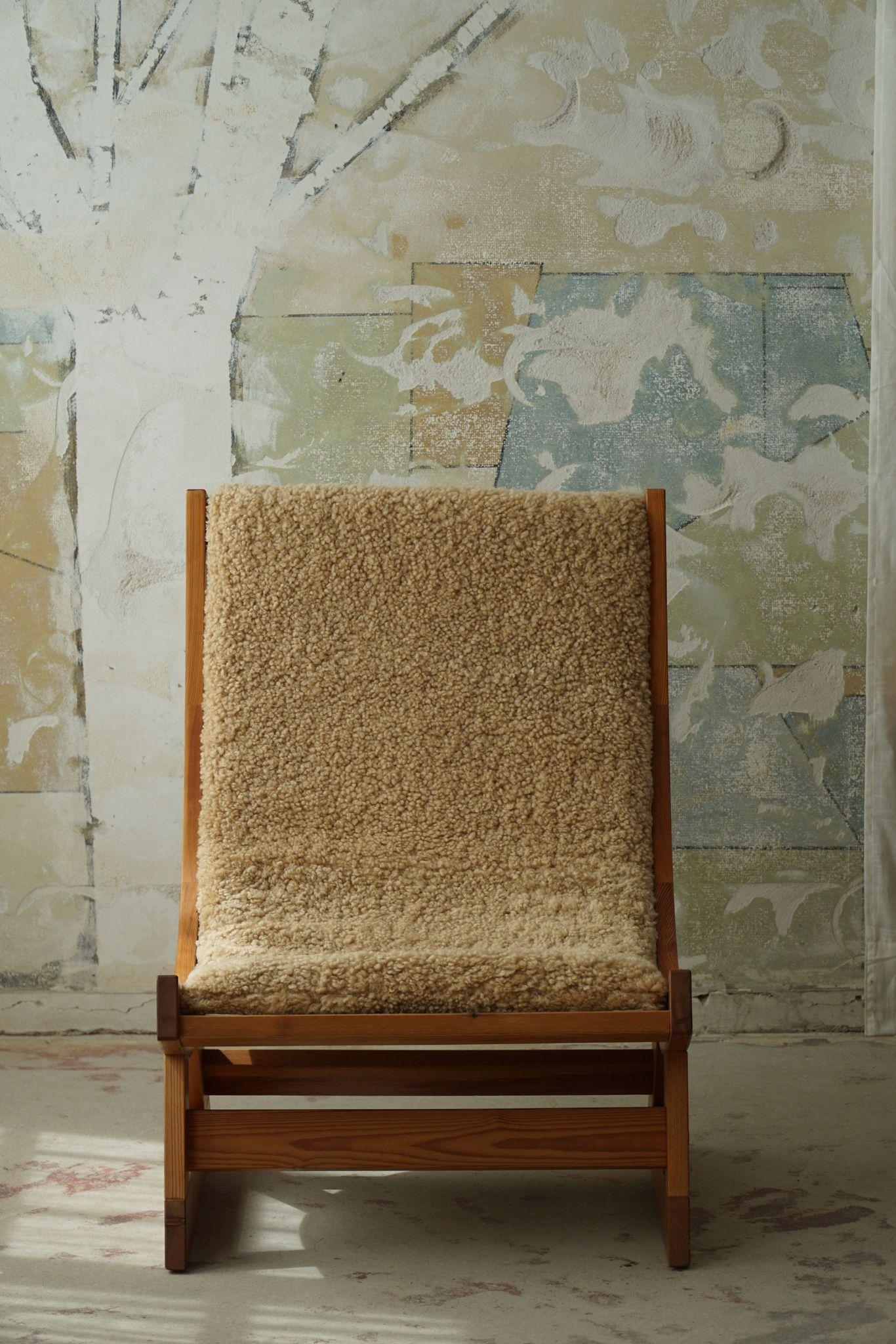 Scandinavian Modern Safari Lounge Chair in Canvas, Lambswool & Pine, 1960s 7