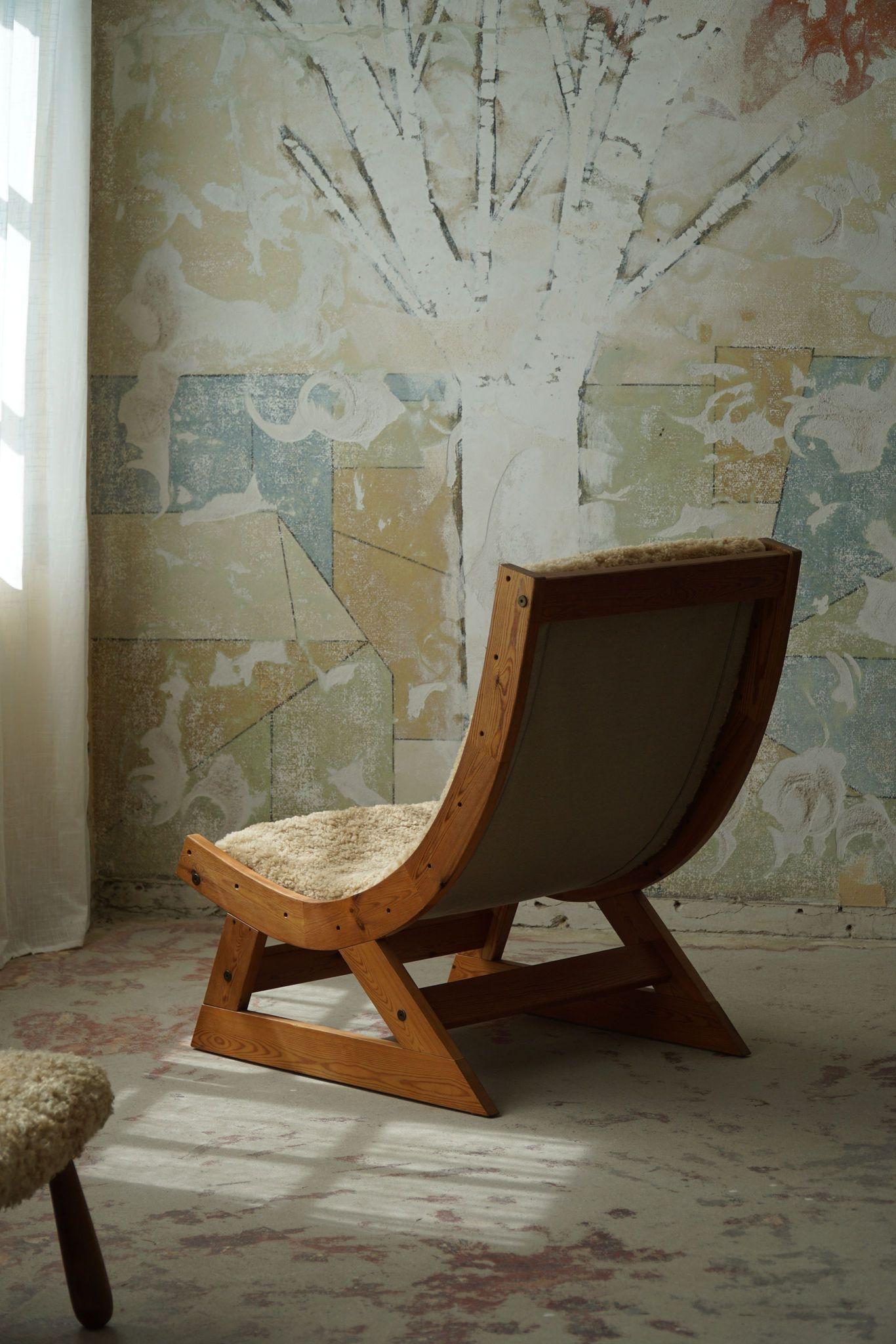 Scandinavian Modern Safari Lounge Chair in Canvas, Lambswool & Pine, 1960s 8