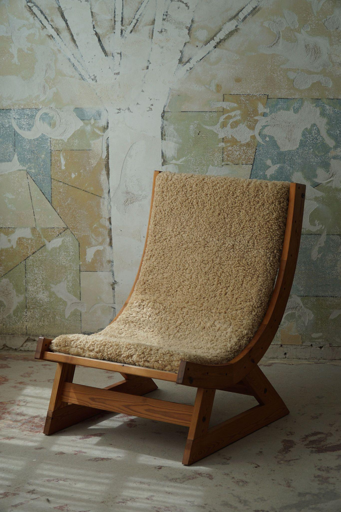 Scandinavian Modern Safari Lounge Chair in Canvas, Lambswool & Pine, 1960s 12