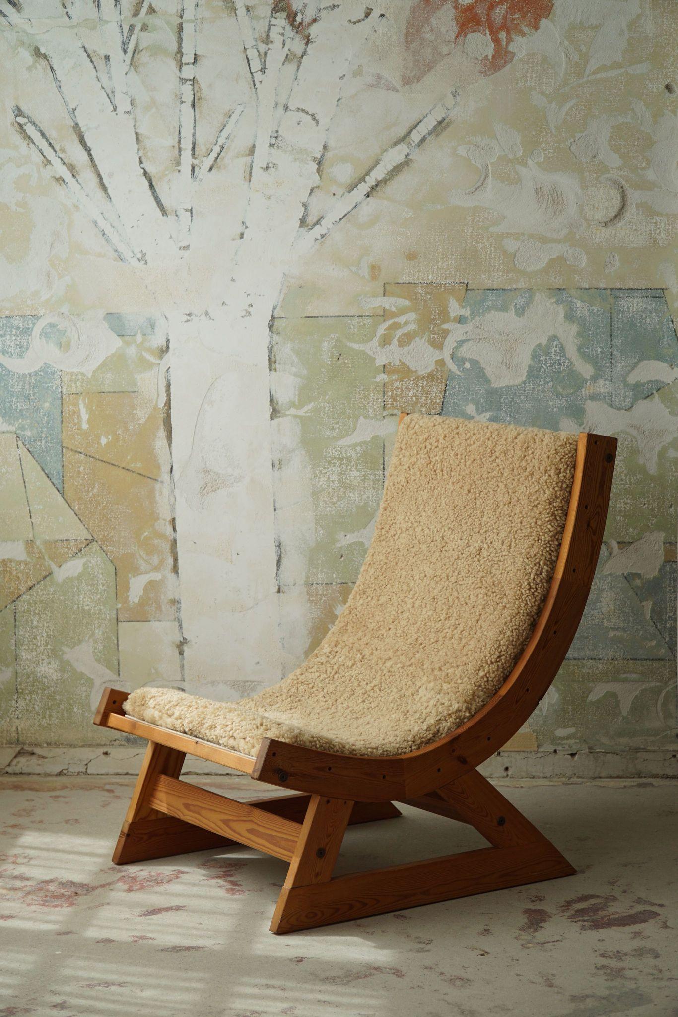 Scandinavian Modern Safari Lounge Chair in Canvas, Lambswool & Pine, 1960s 13