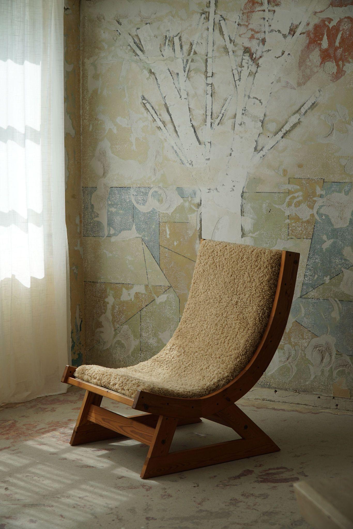 Mid-Century Modern Scandinavian Modern Safari Lounge Chair in Canvas, Lambswool & Pine, 1960s