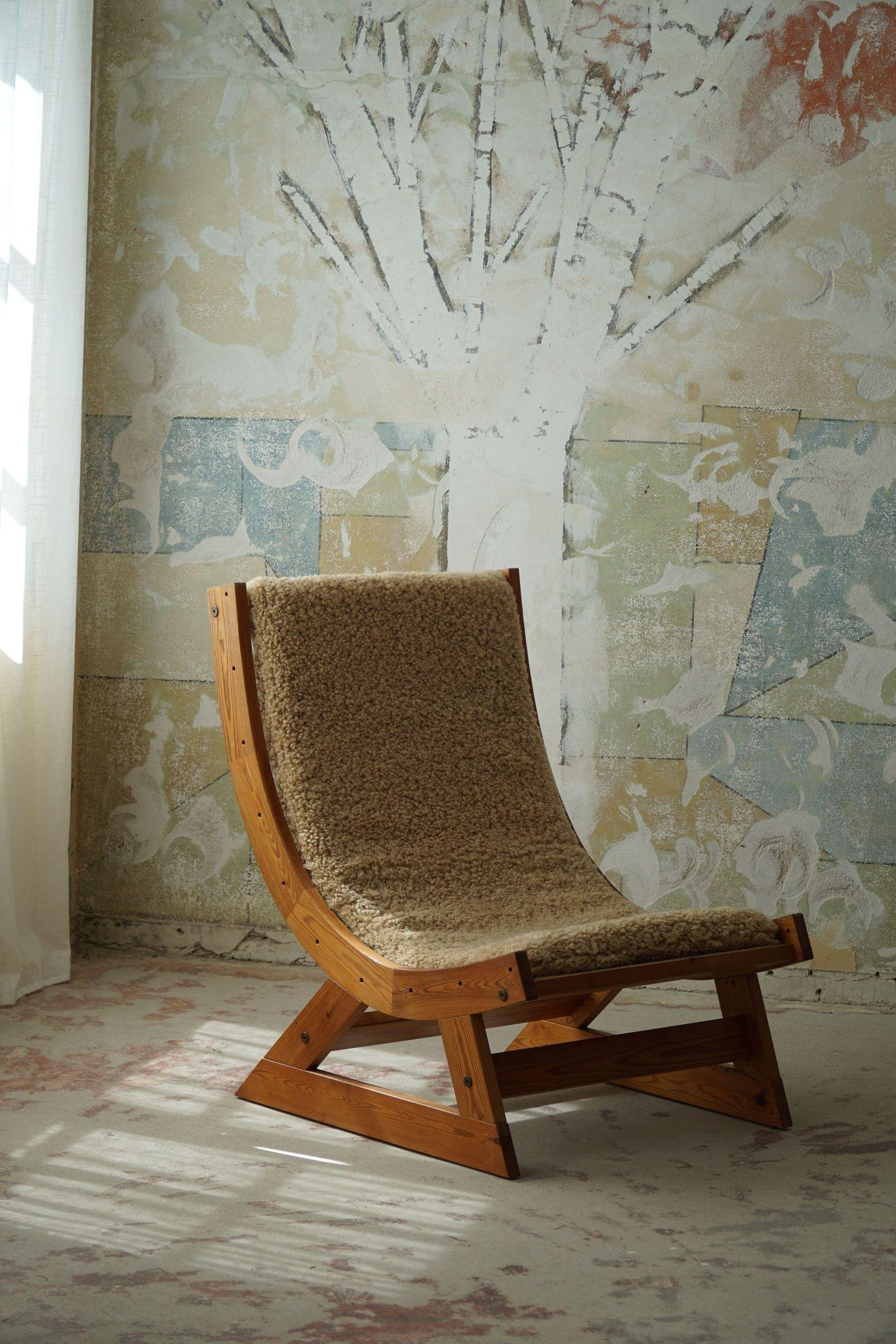 Danish Scandinavian Modern Safari Lounge Chair in Canvas, Lambswool & Pine, 1960s
