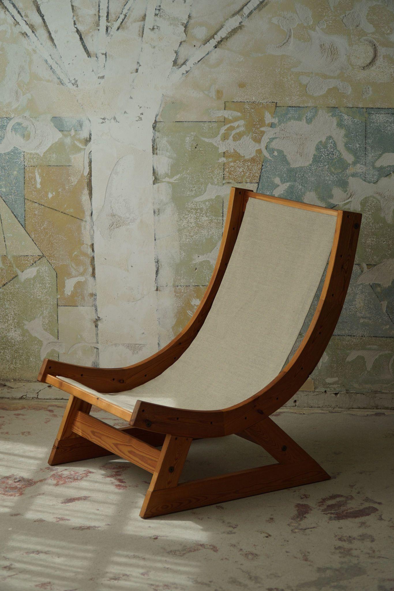 20th Century Scandinavian Modern Safari Lounge Chair in Canvas, Lambswool & Pine, 1960s