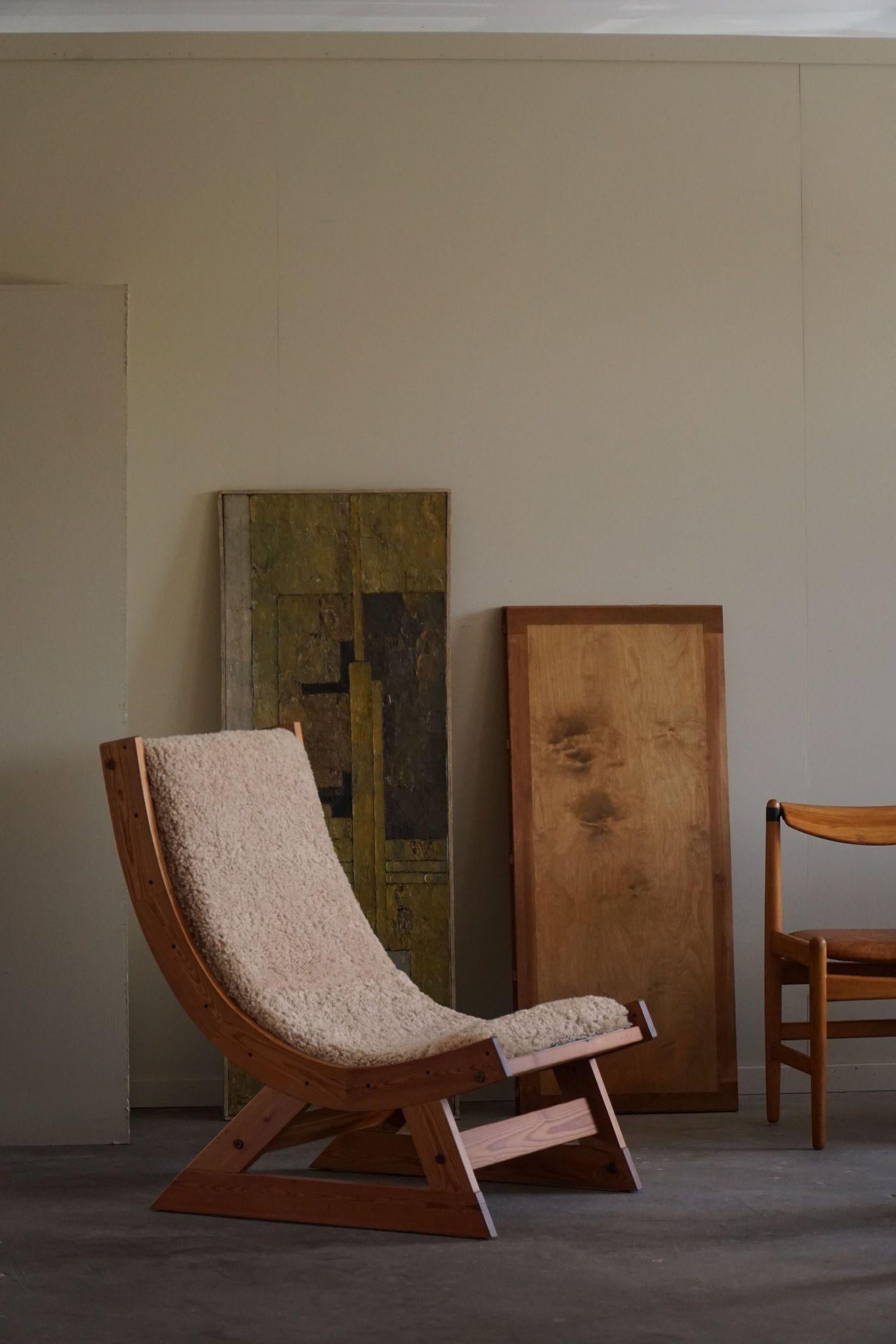 Scandinavian Modern Safari Lounge Chair in Canvas, Lambswool & Pine, 1960s 1