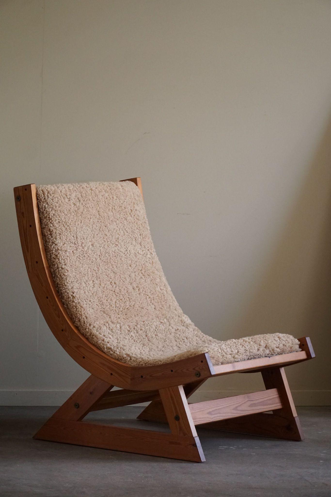 Scandinavian Modern Safari Lounge Chair in Canvas, Lambswool & Pine, 1960s 2