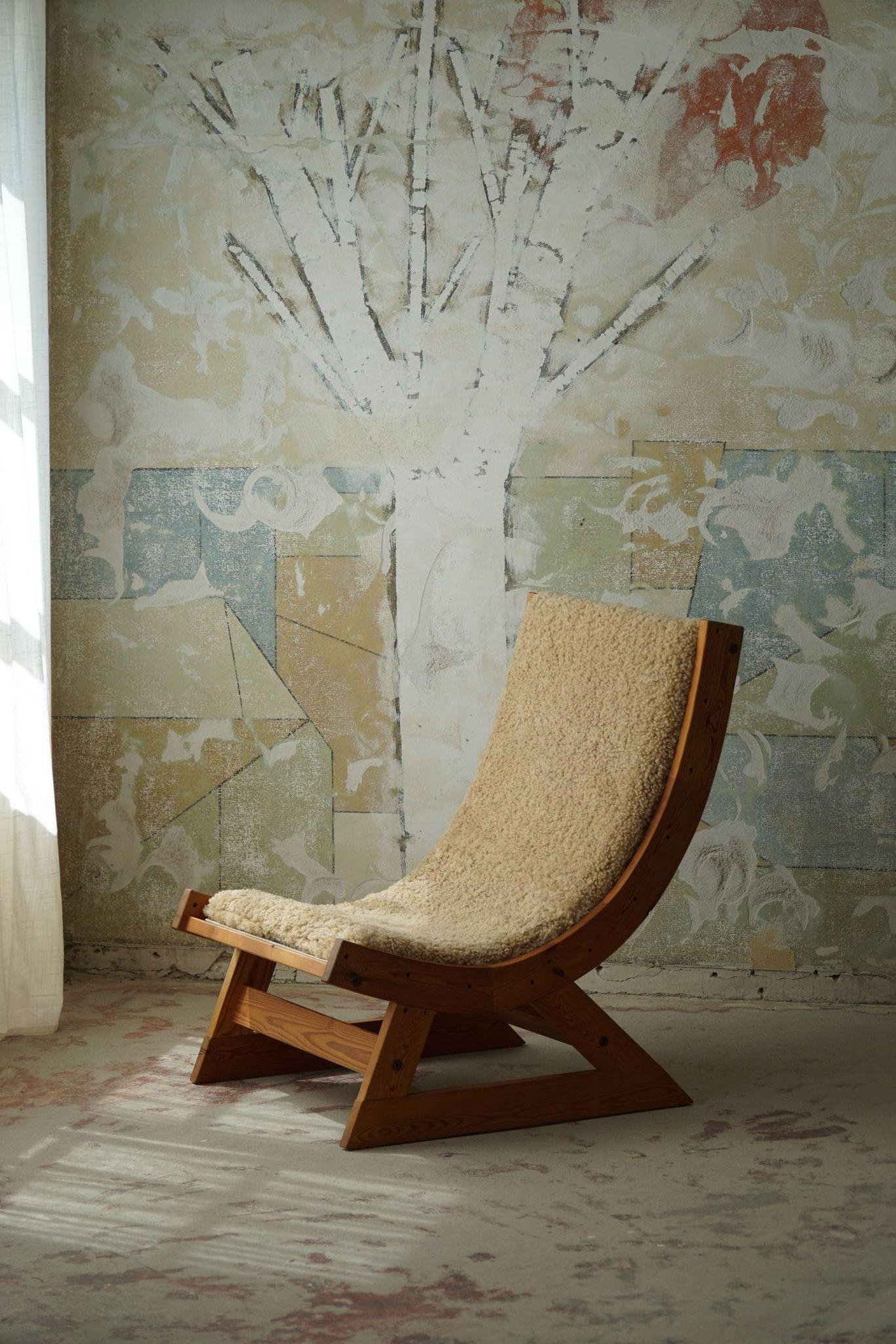 Scandinavian Modern Safari Lounge Chair in Canvas, Lambswool & Pine, 1960s 3