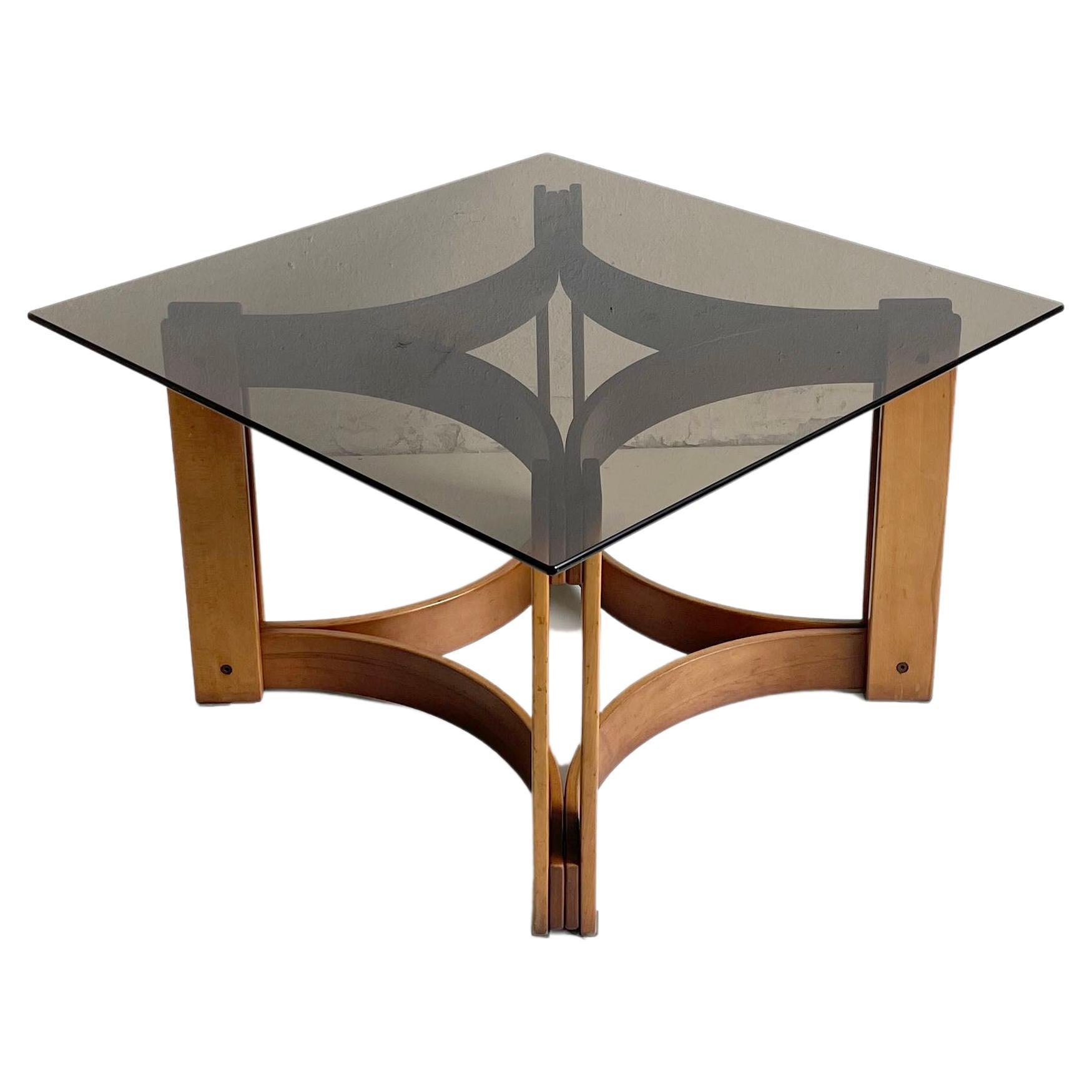 Scandinavian Modern Sculptural Design Coffee Table, Bentwood Smoked Glass, 1970s