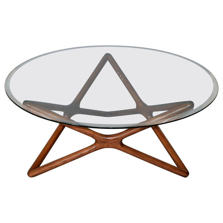 Scandinavian Modern Sculptural Round Walnut and Glass Top Coffee Table, Denmark For Sale at 1stDibs