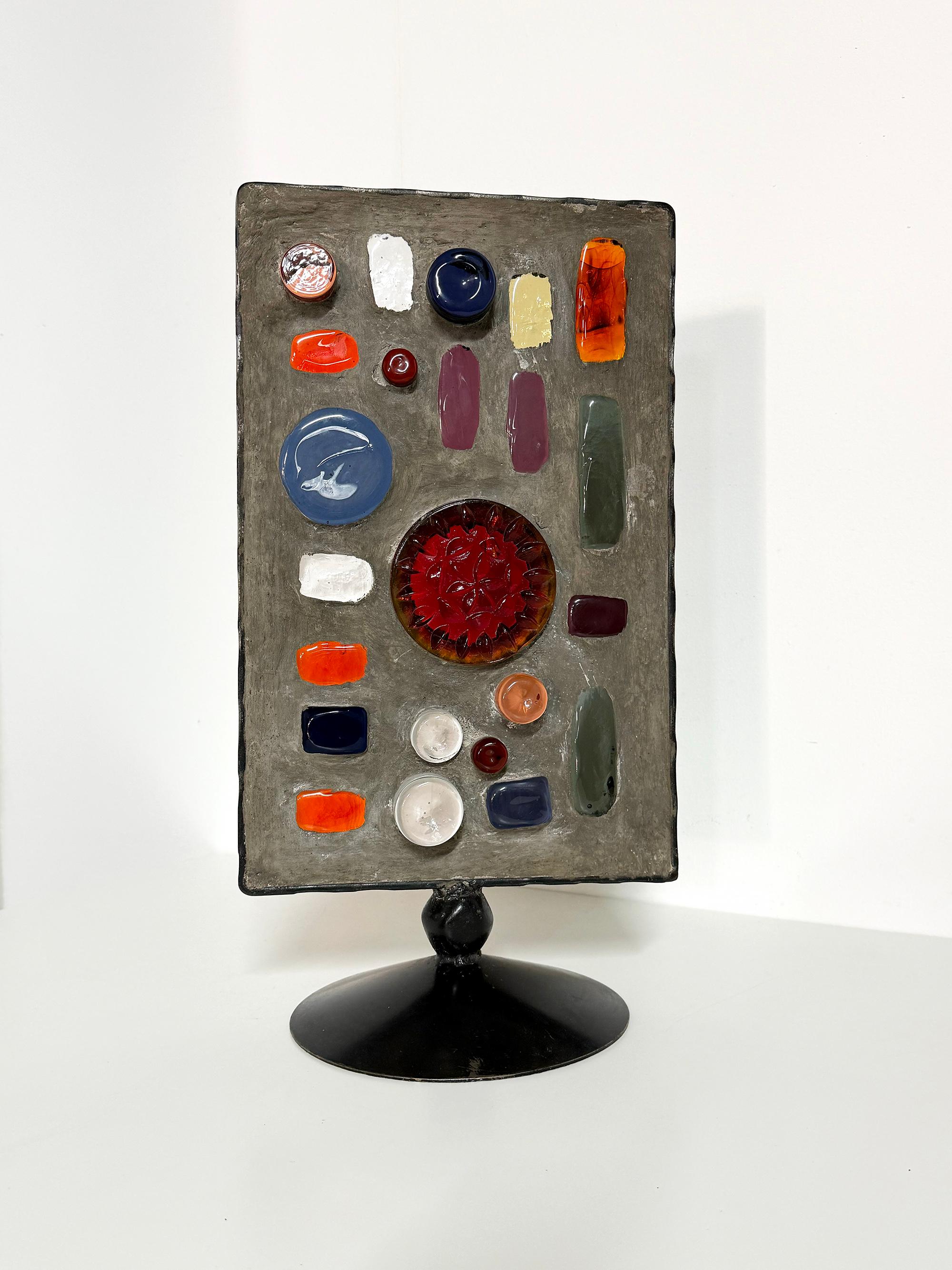 Amazing Scandinavian Modern sculpture by Erik Höglund,  ca 1960s.
This sculpture is most likely unique. Not signed. 
Good vintage condition, wear and patina consistent with age and use. 
Small chip on the glass, small chip on the concrete as seen on