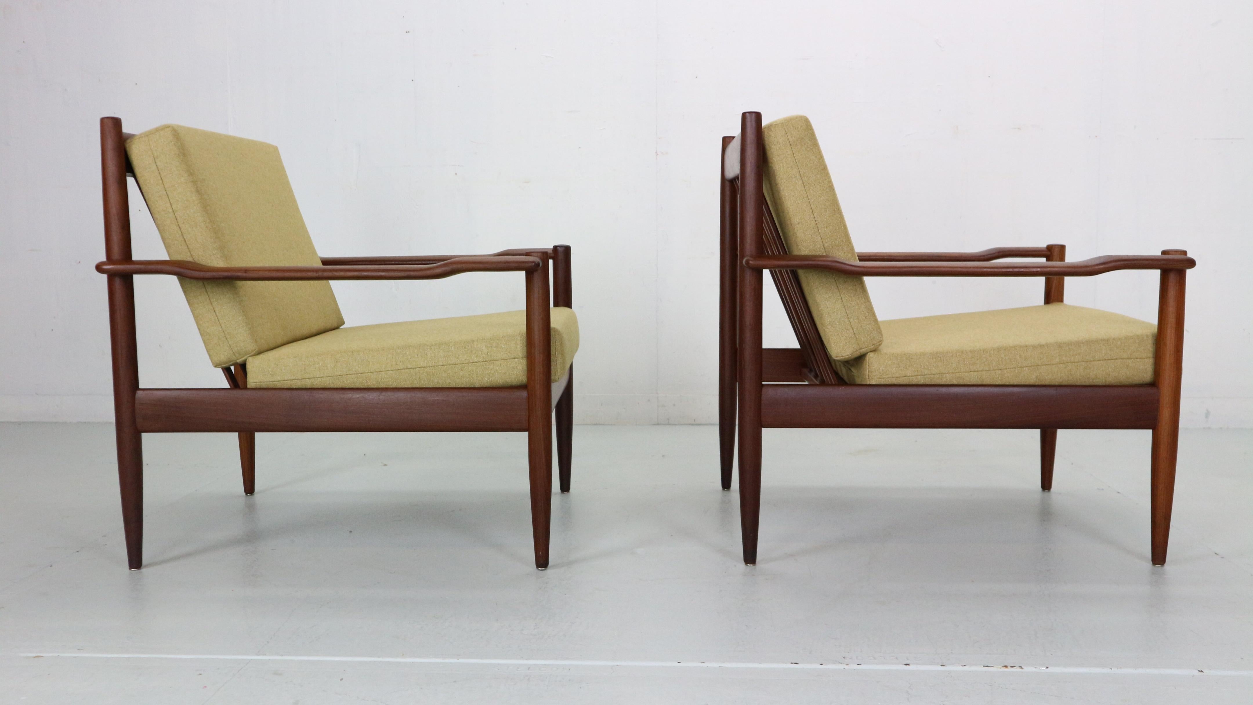 Scandinavian Modern Set of 2 Teak Lounge Chairs& New Upholstery, 1960's Denmark 4