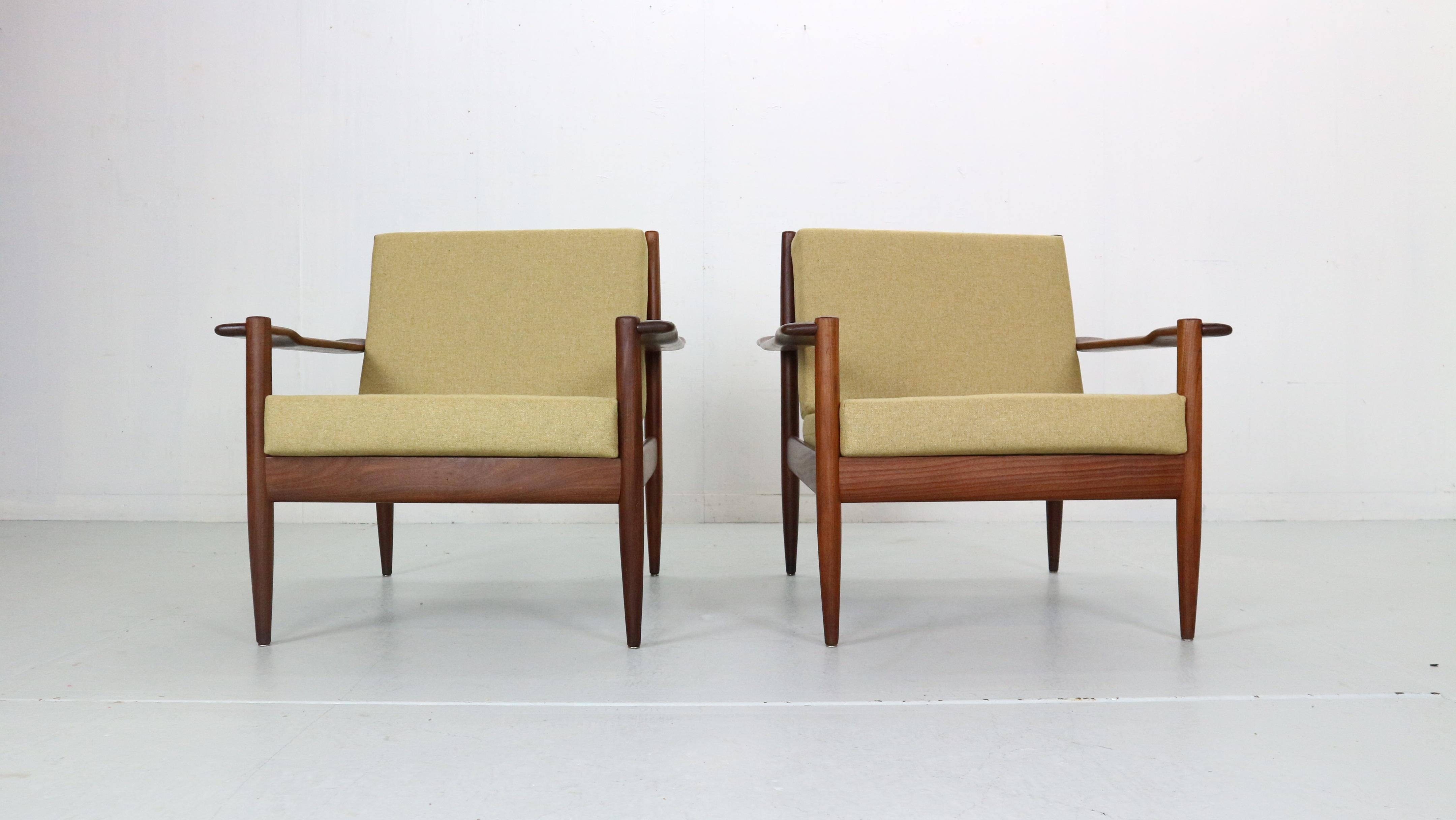 Danish Scandinavian Modern Set of 2 Teak Lounge Chairs& New Upholstery, 1960's Denmark