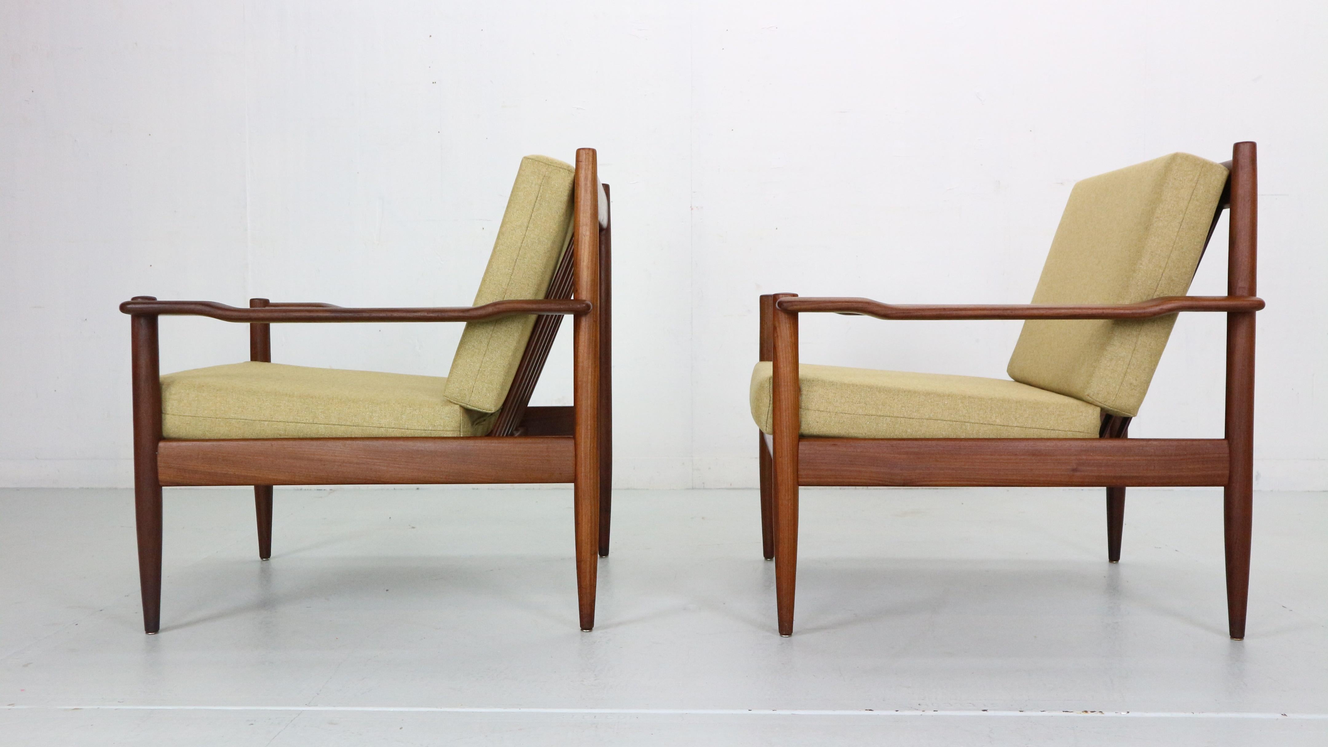 Wool Scandinavian Modern Set of 2 Teak Lounge Chairs& New Upholstery, 1960's Denmark