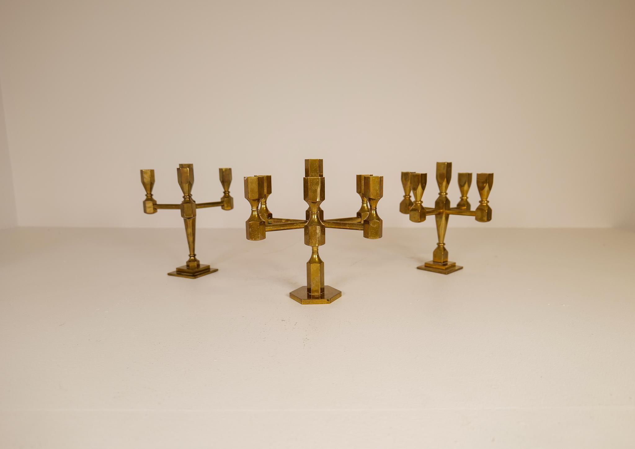 Swedish Scandinavian Modern Set of 3 Brass Table Candelabras Gusum Sweden, 1970s For Sale