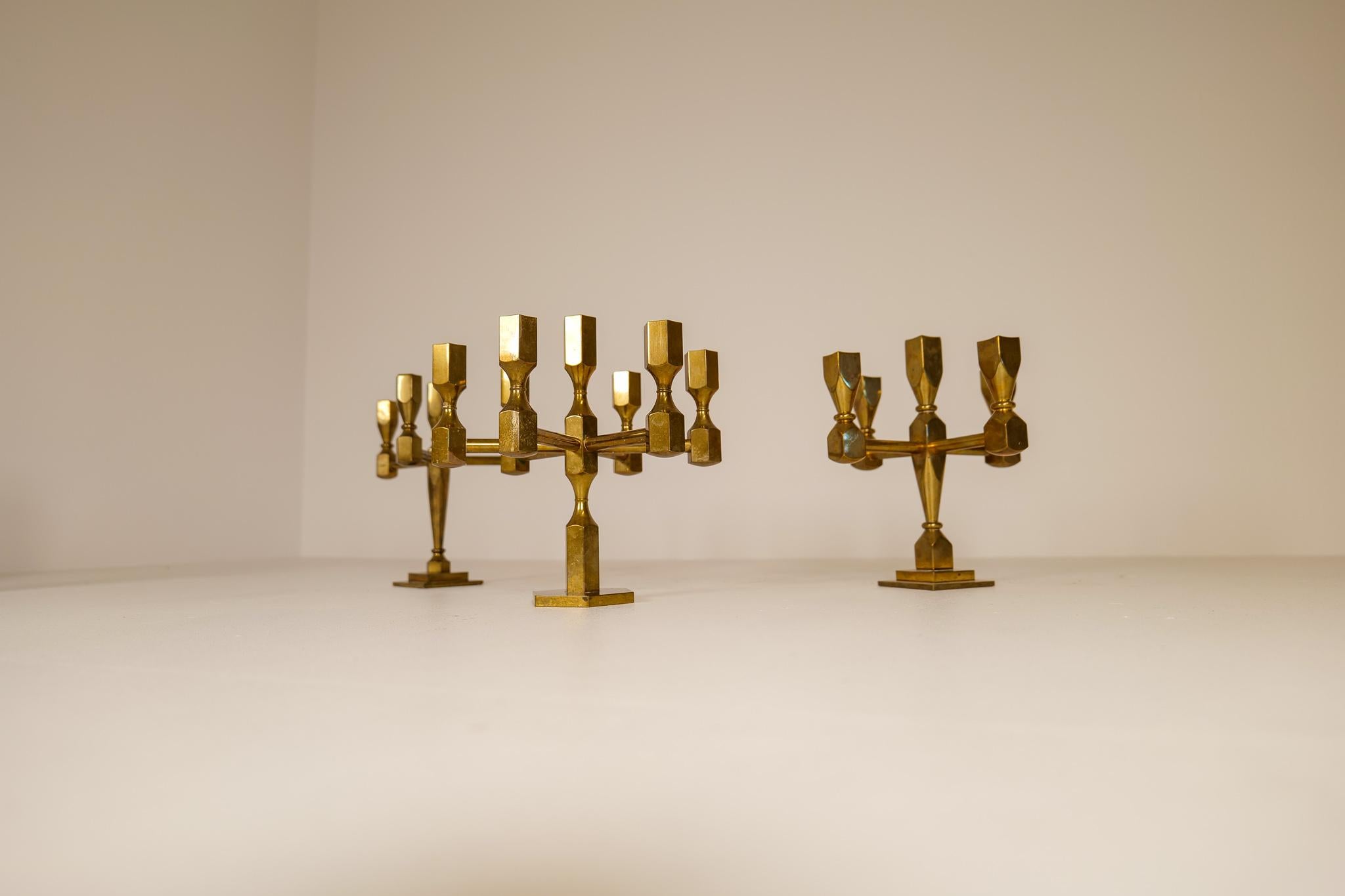 Late 20th Century Scandinavian Modern Set of 3 Brass Table Candelabras Gusum Sweden, 1970s For Sale
