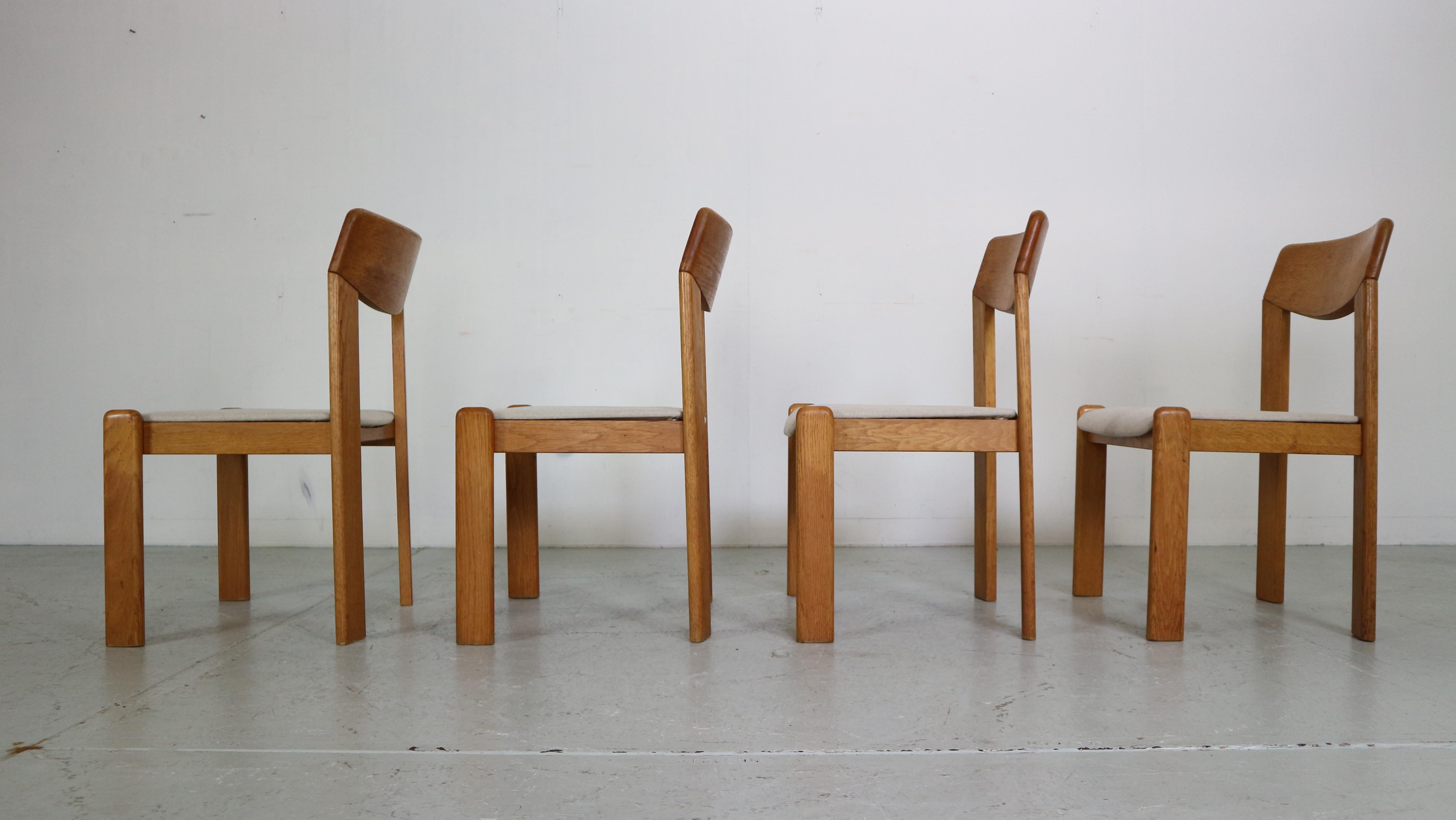 Fabric Scandinavian Modern Set of 4 Sculpture Oak Dinning Room Chairs, 1960 Denmark For Sale