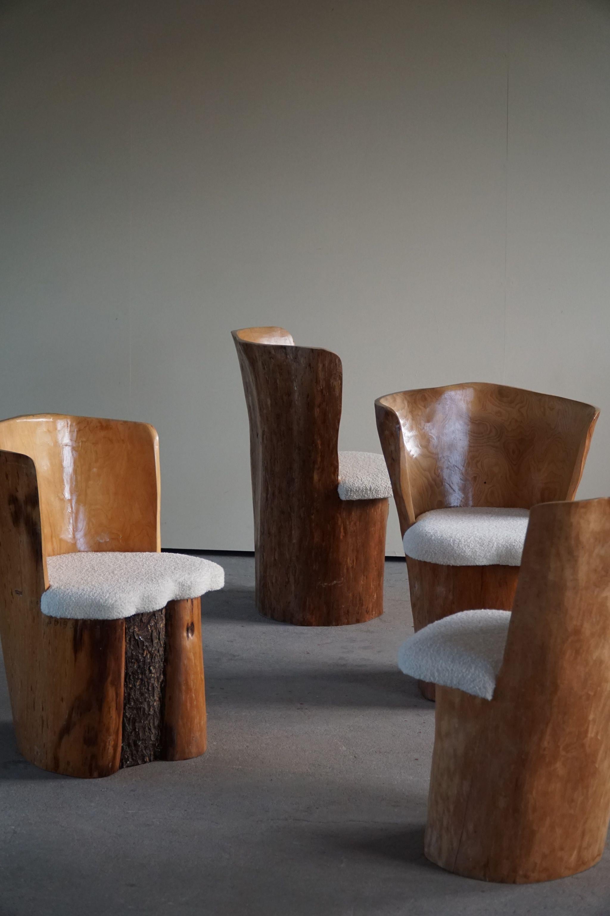 Scandinavian Modern Set of 4 Stump Dining Chairs, Hand Carved in Sweden, 1980s For Sale 6