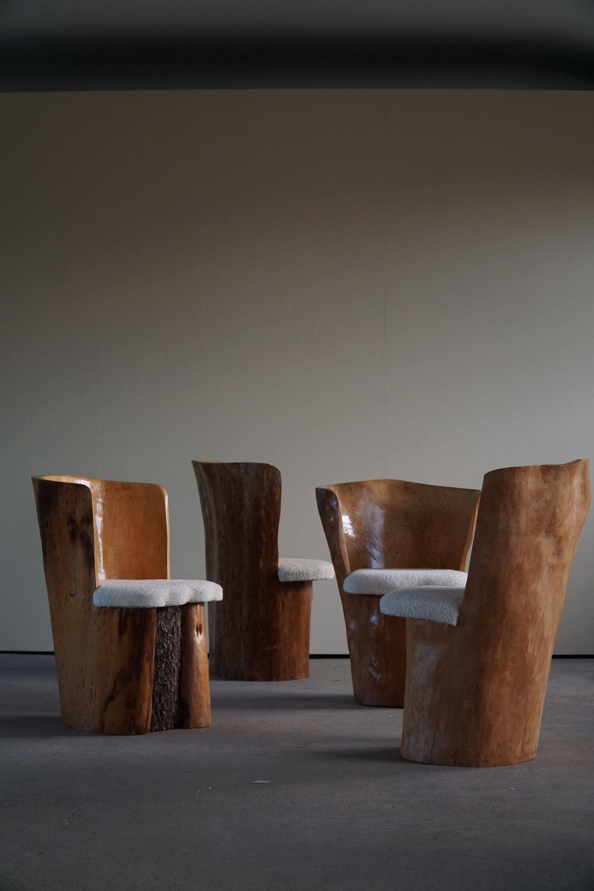Scandinavian Modern Set of 4 Stump Dining Chairs, Hand Carved in Sweden, 1980s For Sale 11