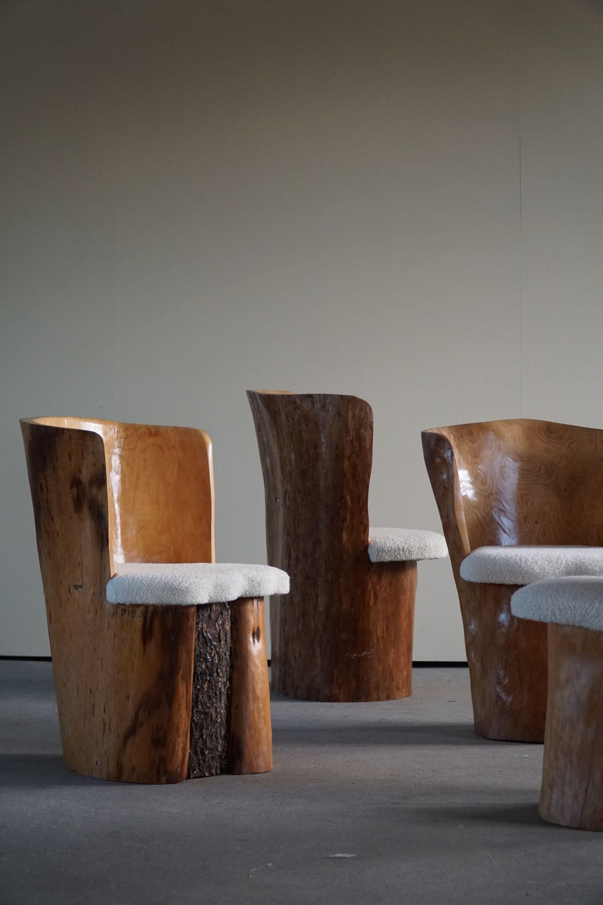 Swedish Scandinavian Modern Set of 4 Stump Dining Chairs, Hand Carved in Sweden, 1980s For Sale