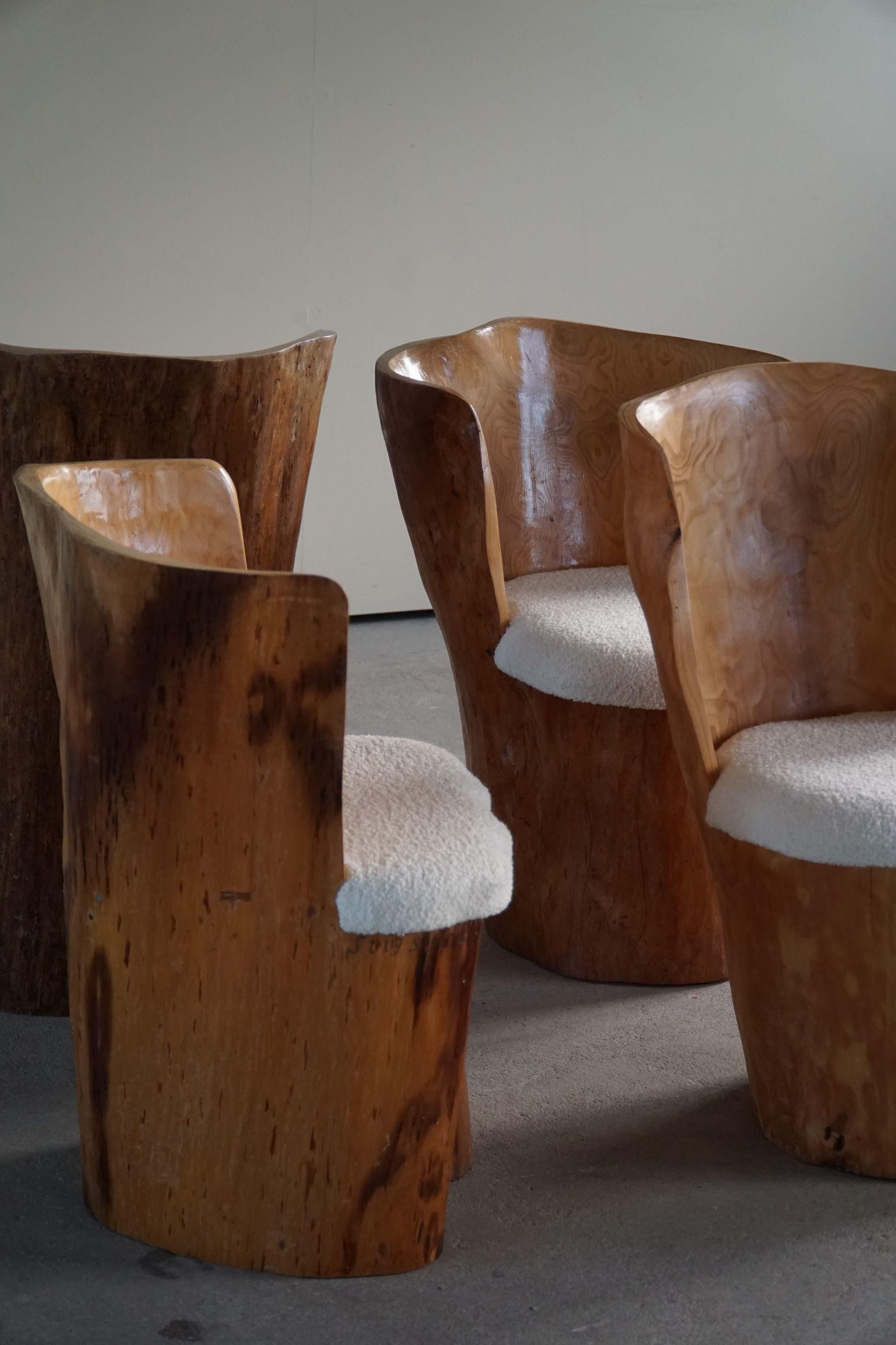 Wool Scandinavian Modern Set of 4 Stump Dining Chairs, Hand Carved in Sweden, 1980s For Sale