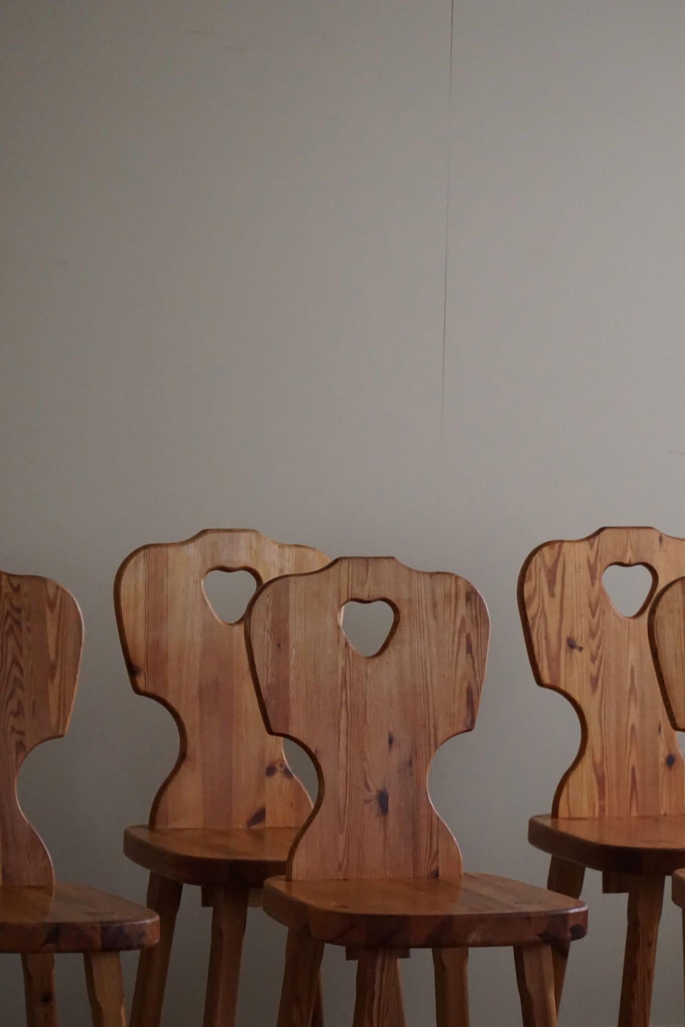 Brutalist Scandinavian Modern, Set of 6 Chairs in Pine, by a Swedish Cabinetmaker, 1960s