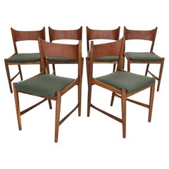 Scandinavian Modern Set of 6 Dinning Room Chairs Teak& Green Wool New Upholstery