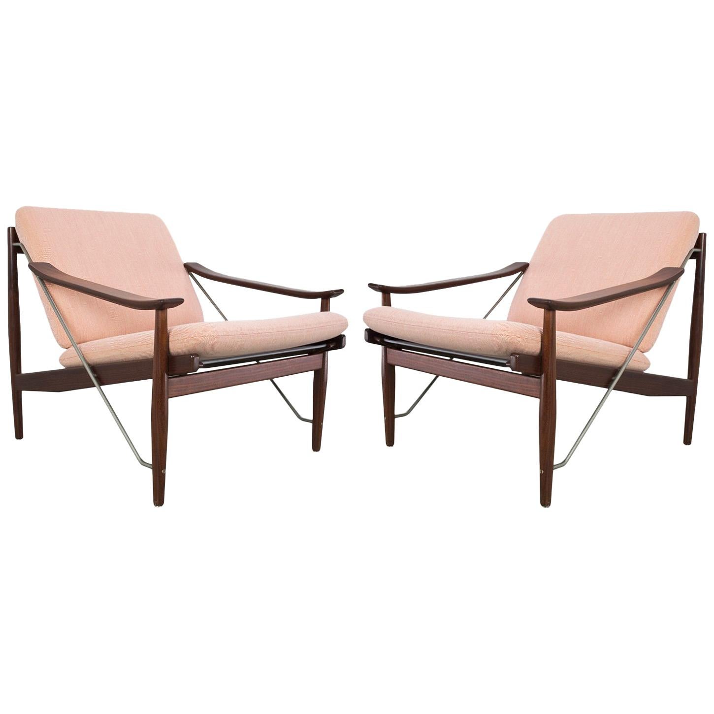 Scandinavian Modern Set of Lounge Chairs in Teak and Metal