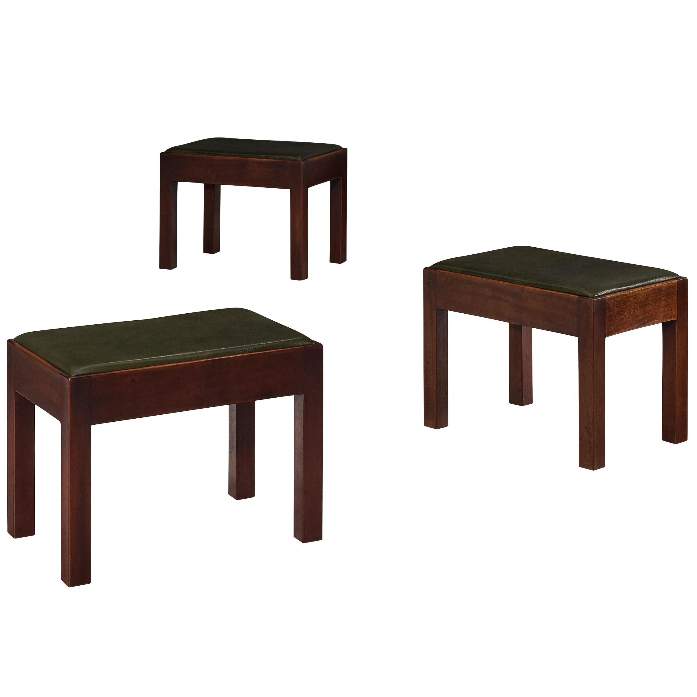Scandinavian Modern Set of Multifunctional Tables in Wood and Green Leather For Sale