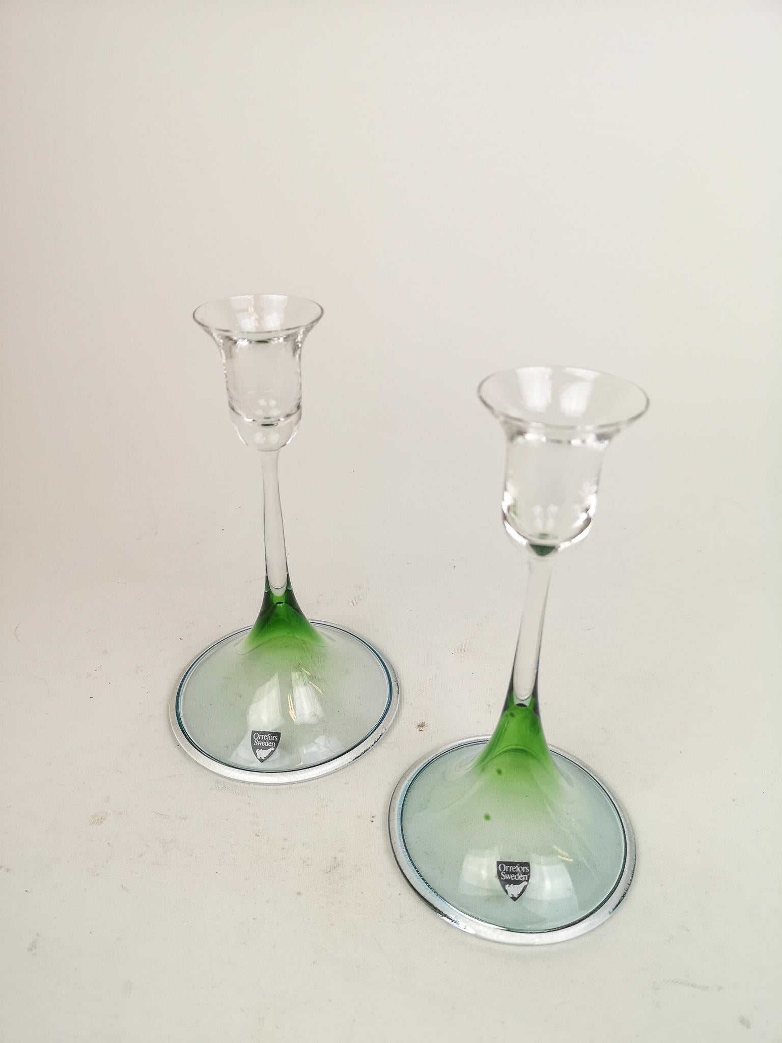 Mid-Century Modern Scandinavian Modern Set of Orrefors Tulip, Green-Clear Glass Sweden