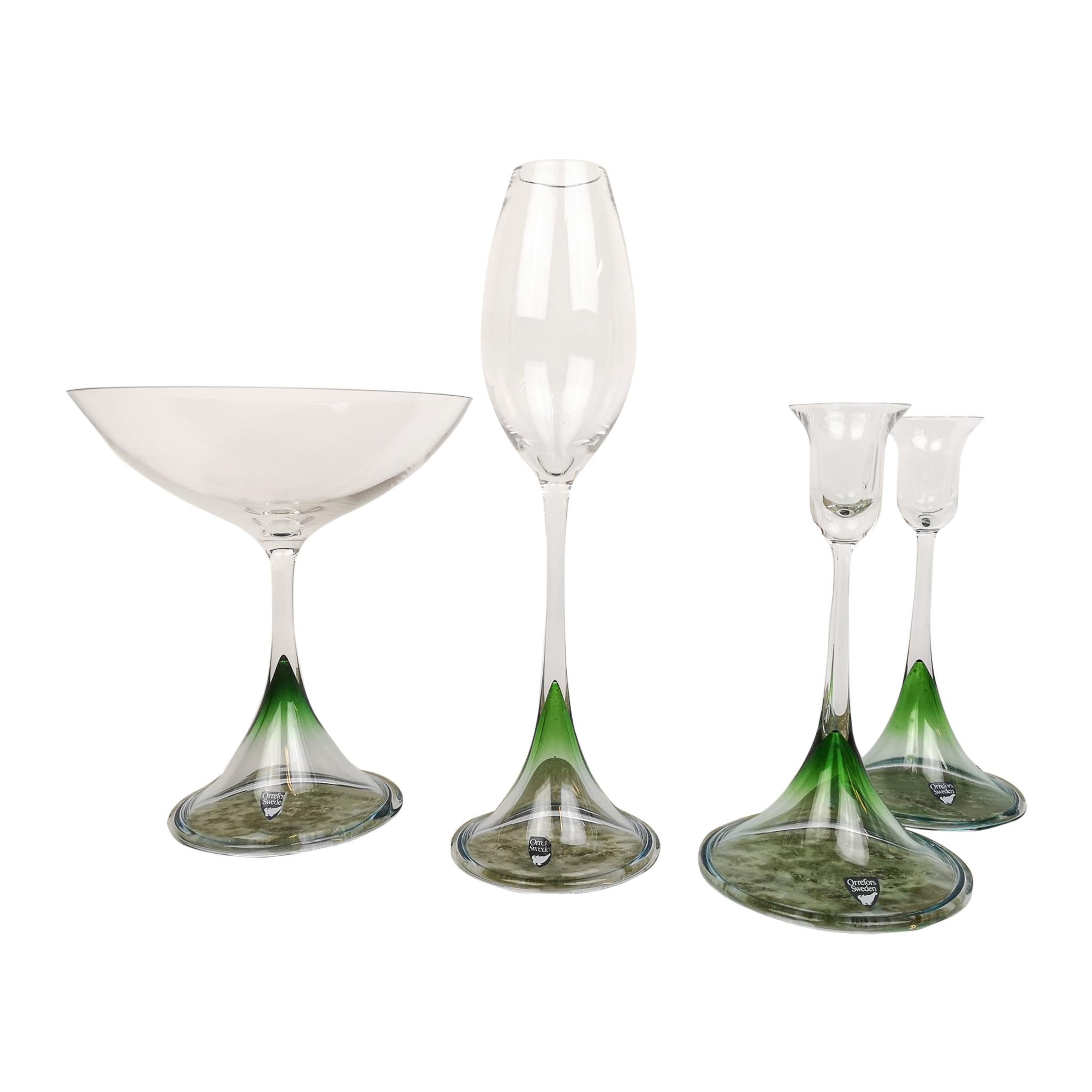 Scandinavian Modern Set of Orrefors Tulip, Green-Clear Glass Sweden