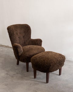 Scandinavian Modern Shearling Lounge Chair and Ottoman, Sweden, 1940s