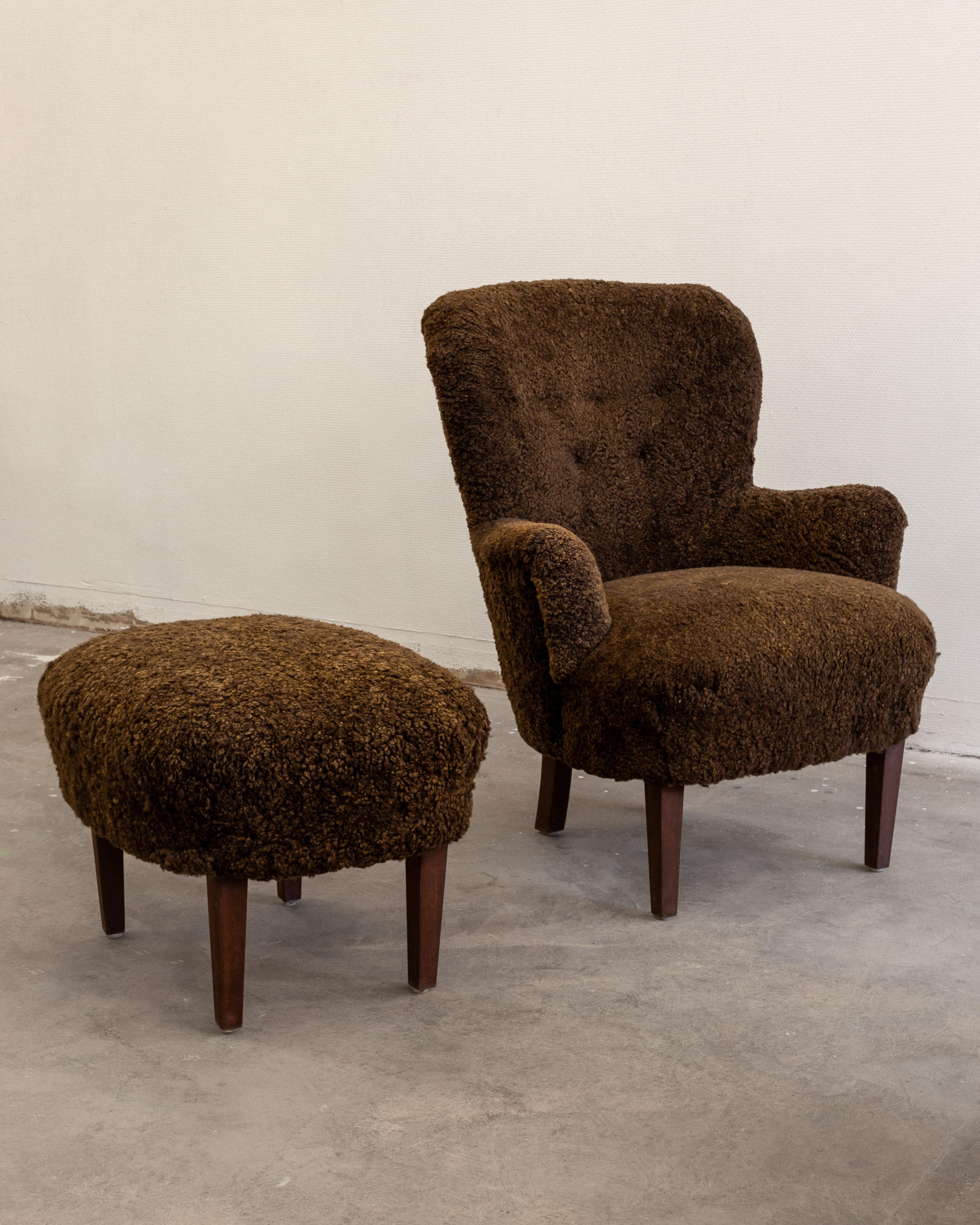 Swedish Scandinavian Modern Shearling Lounge Chair and Ottoman, Sweden, 1940s