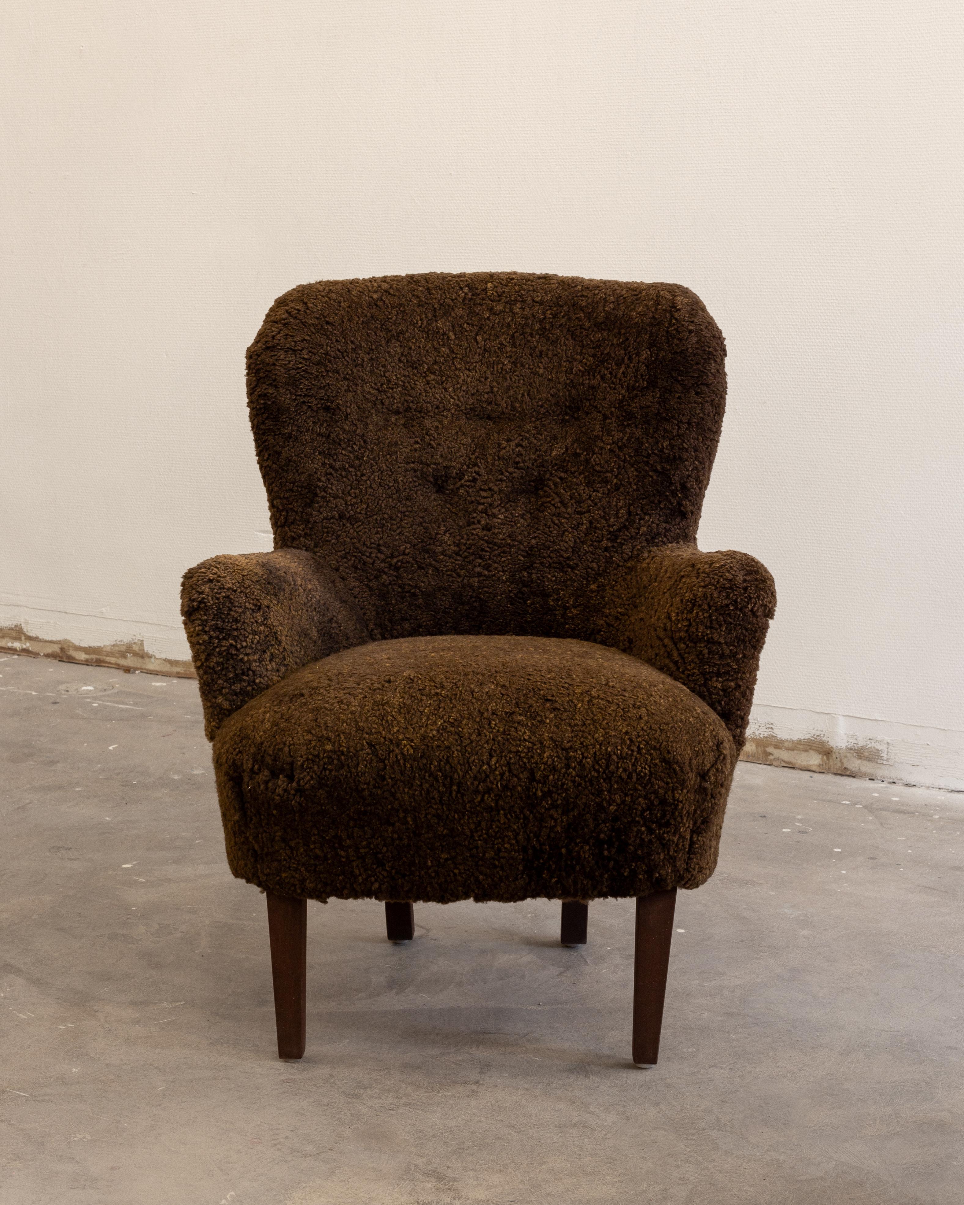 Sheepskin Scandinavian Modern Shearling Lounge Chair and Ottoman, Sweden, 1940s
