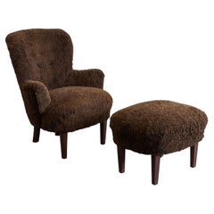 Scandinavian Modern Shearling Lounge Chair and Ottoman, Sweden, 1940s