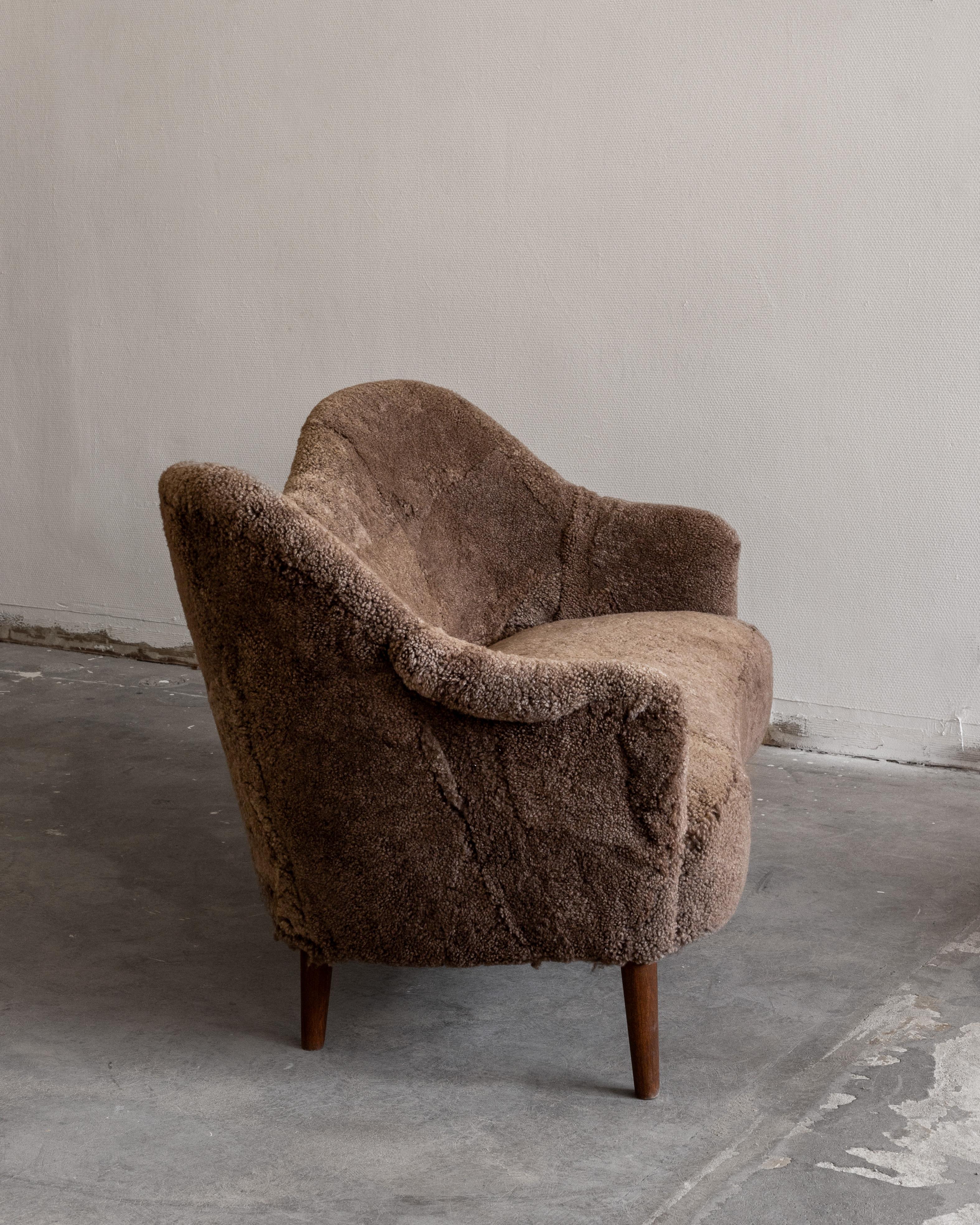 Patchwork Scandinavian Modern Shearling/Sheepskin Sofa by Carl Malmsten, Sweden, 1950s
