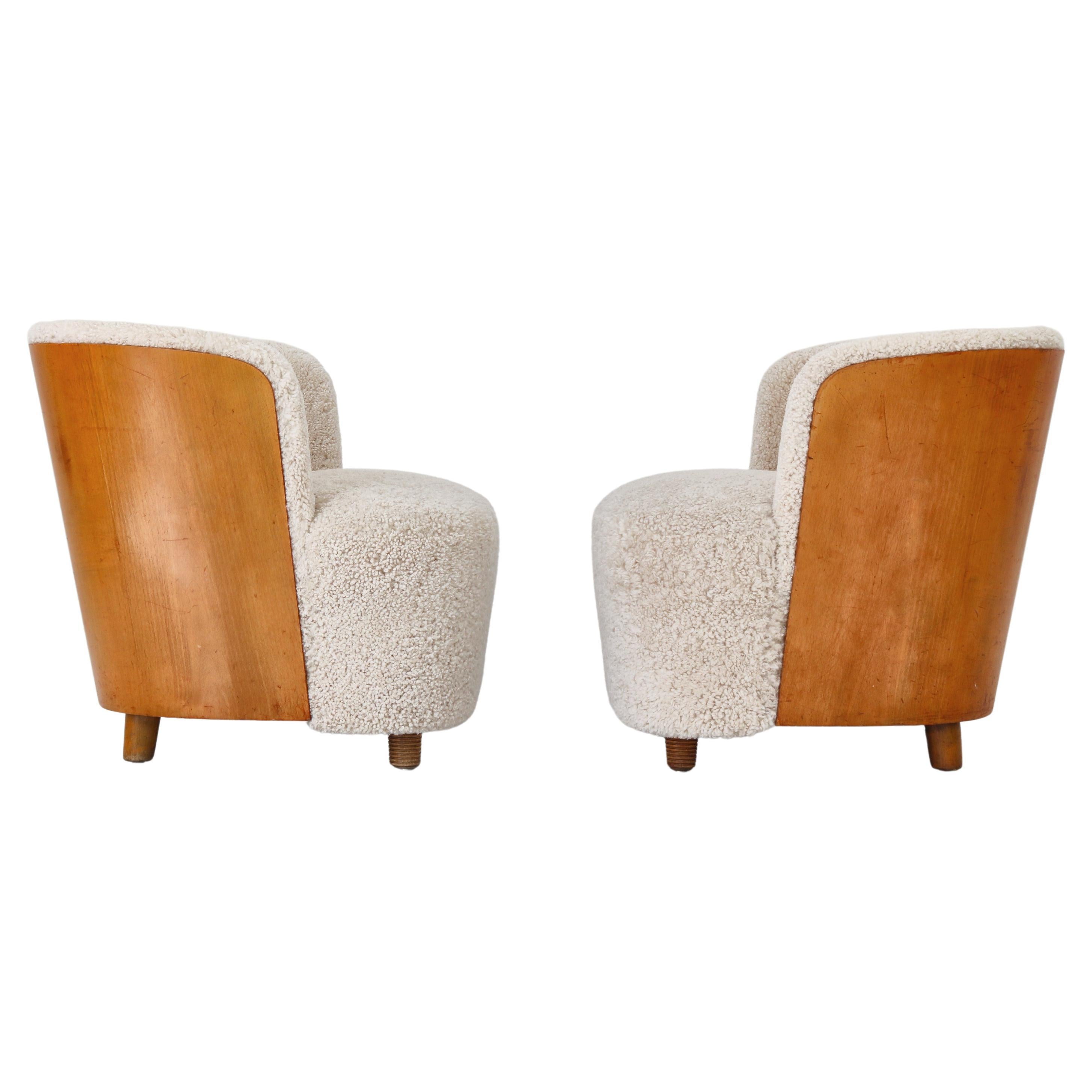 Scandinavian Modern Sheepskin and Peartree Easy Chairs by Rolf Engströmer, 1934