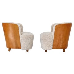 Scandinavian Modern Sheepskin and Peartree Easy Chairs by Rolf Engströmer, 1934