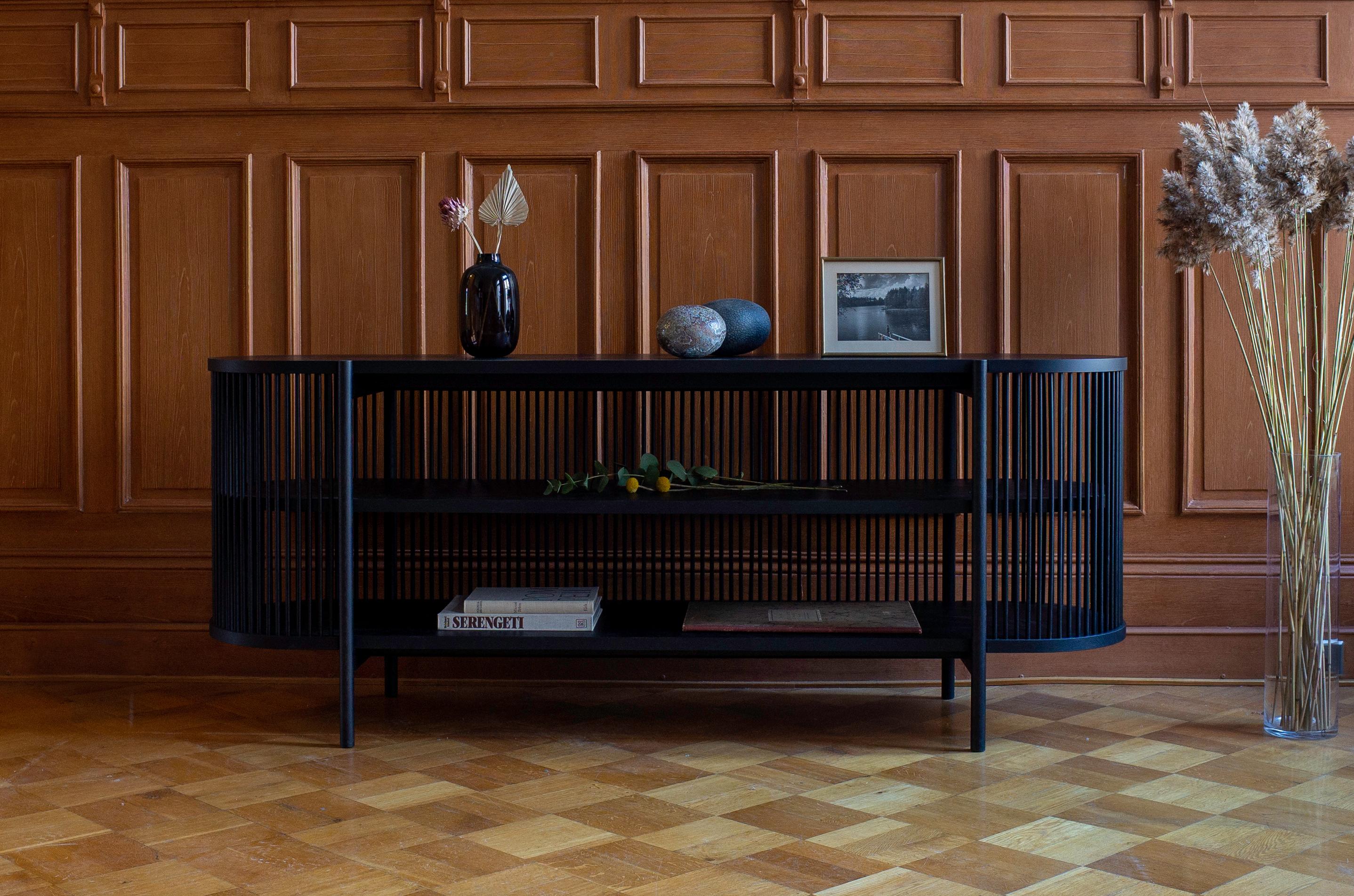Sideboard Bastone // Black Oak 
Designed by Antrei Hartikainen, 2022

Dimensions : H. 80 cm / W. 200 cm / D. 50 cm

Model shown in the picture : 
- Color : Black Oak 
- Without doors

Designed by the award-winning master cabinet maker and designer