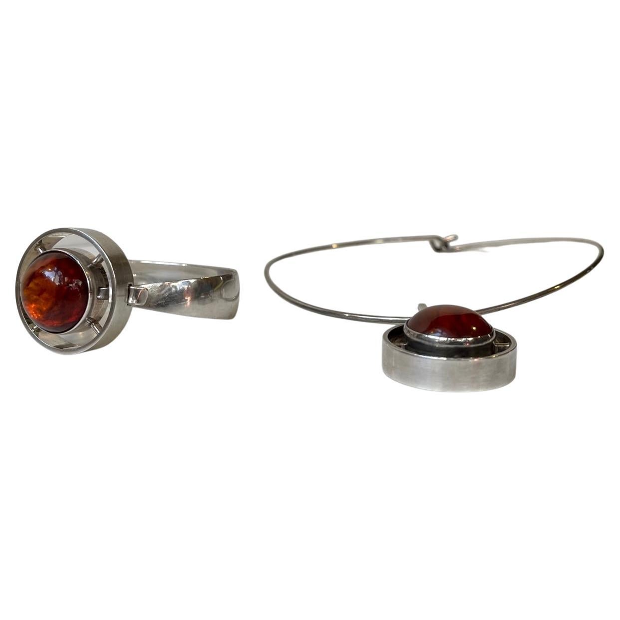 Scandinavian Modern Silver & Amber Necklace & Armring by Niels Erik From Denmark For Sale